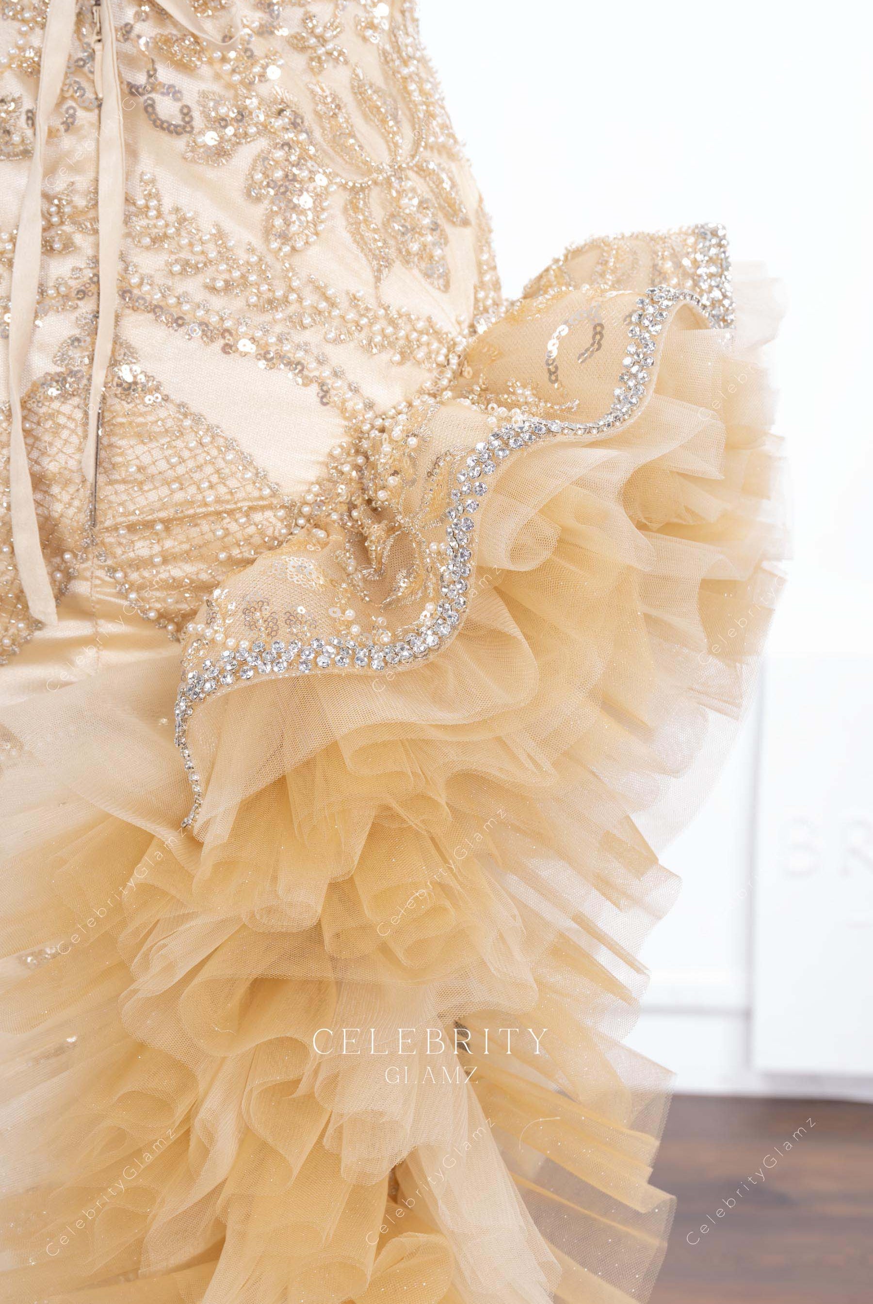 crystals champagne tulle prom dress