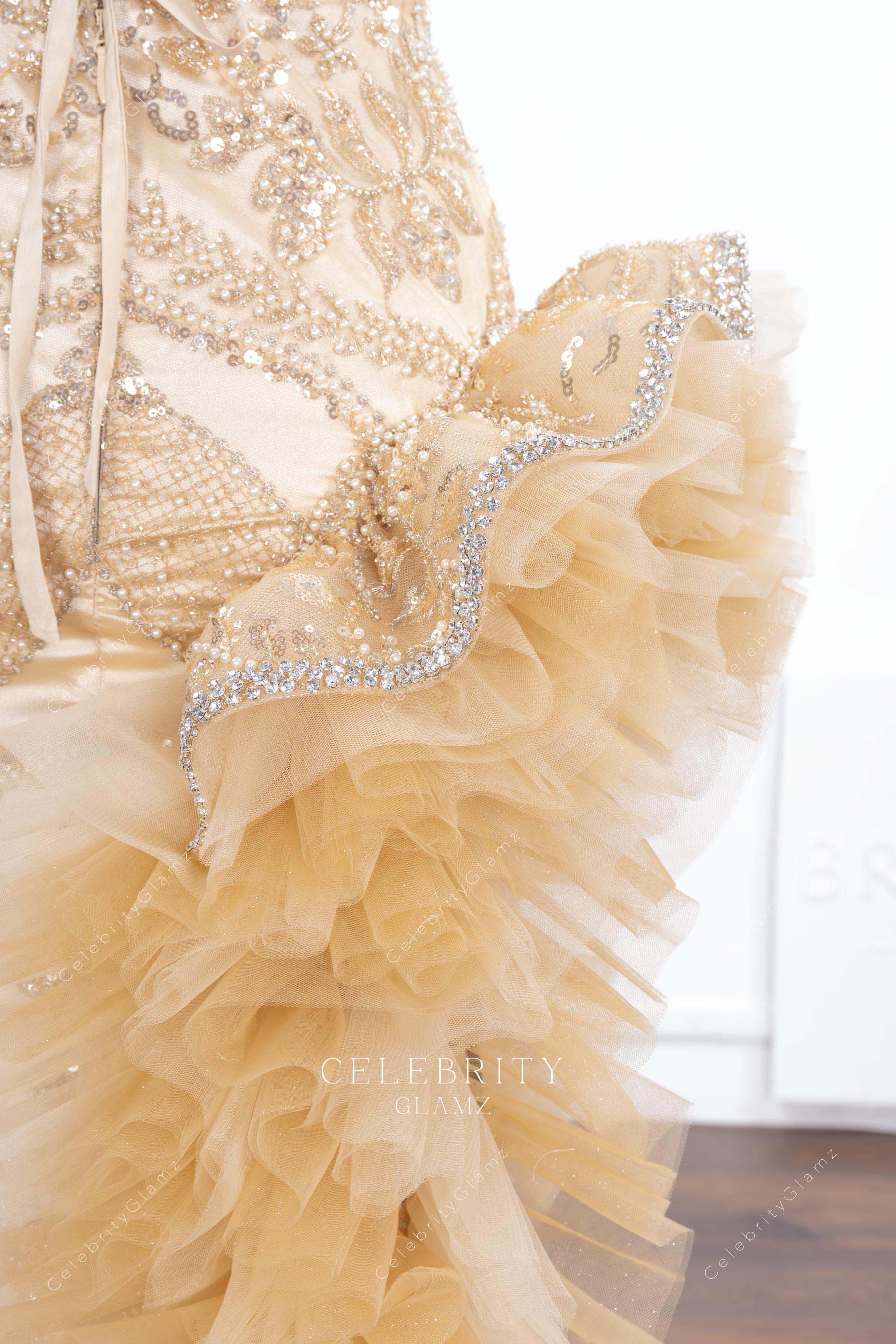 crystals champagne tulle prom dress