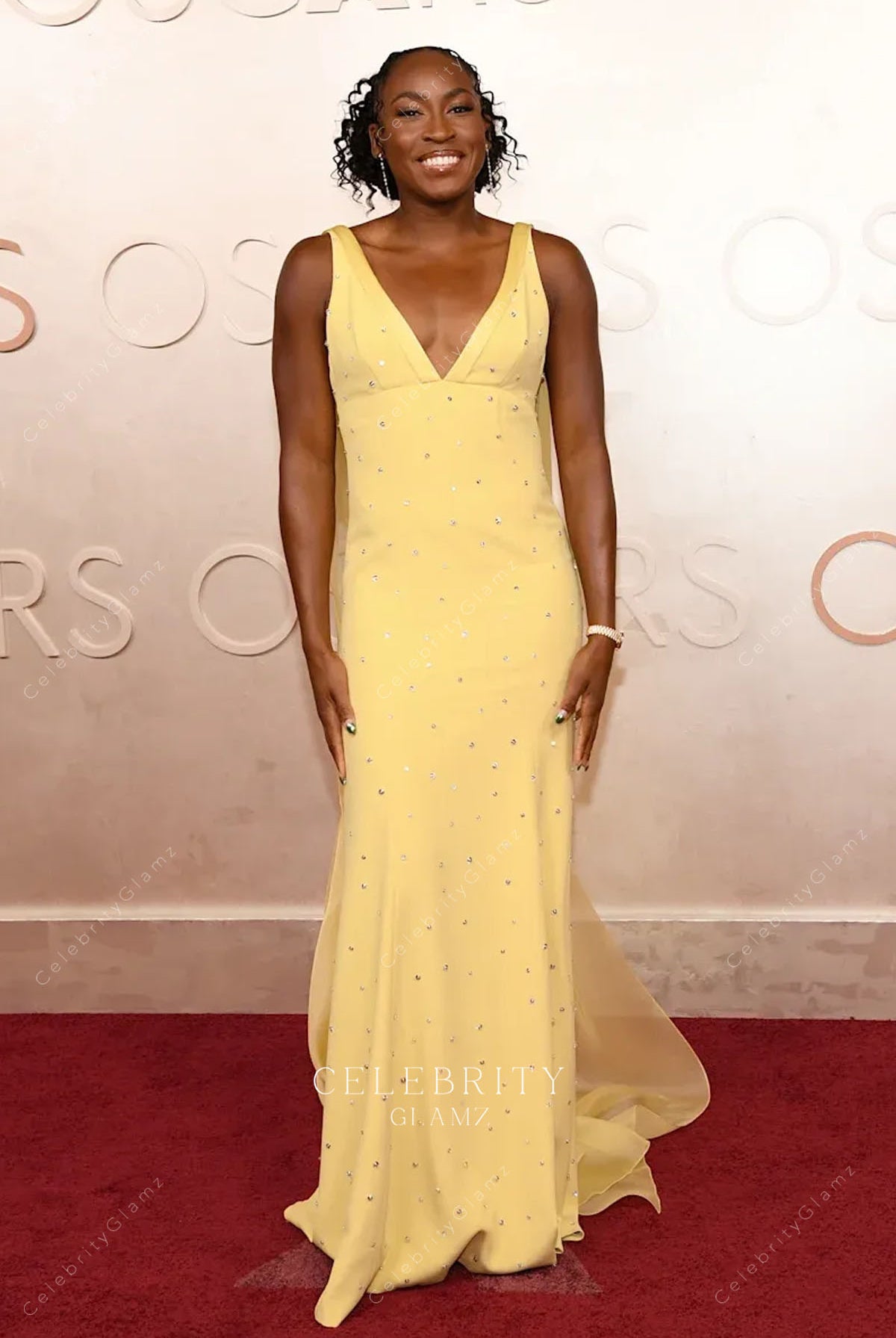 crystals Coco Gauff yellow dress 2025 Oscars red carpet