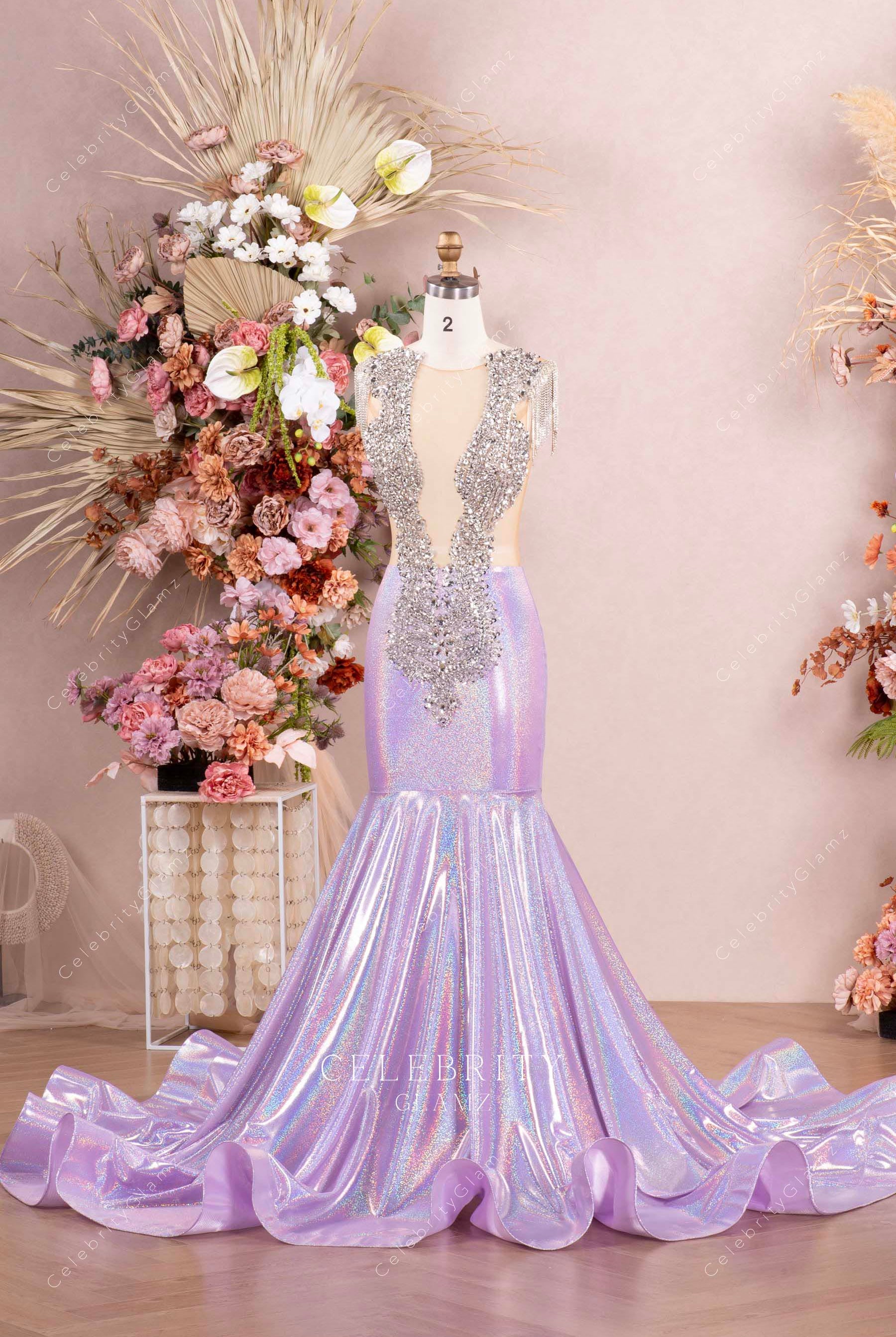 crystals lilac galaxy trumpet prom dress