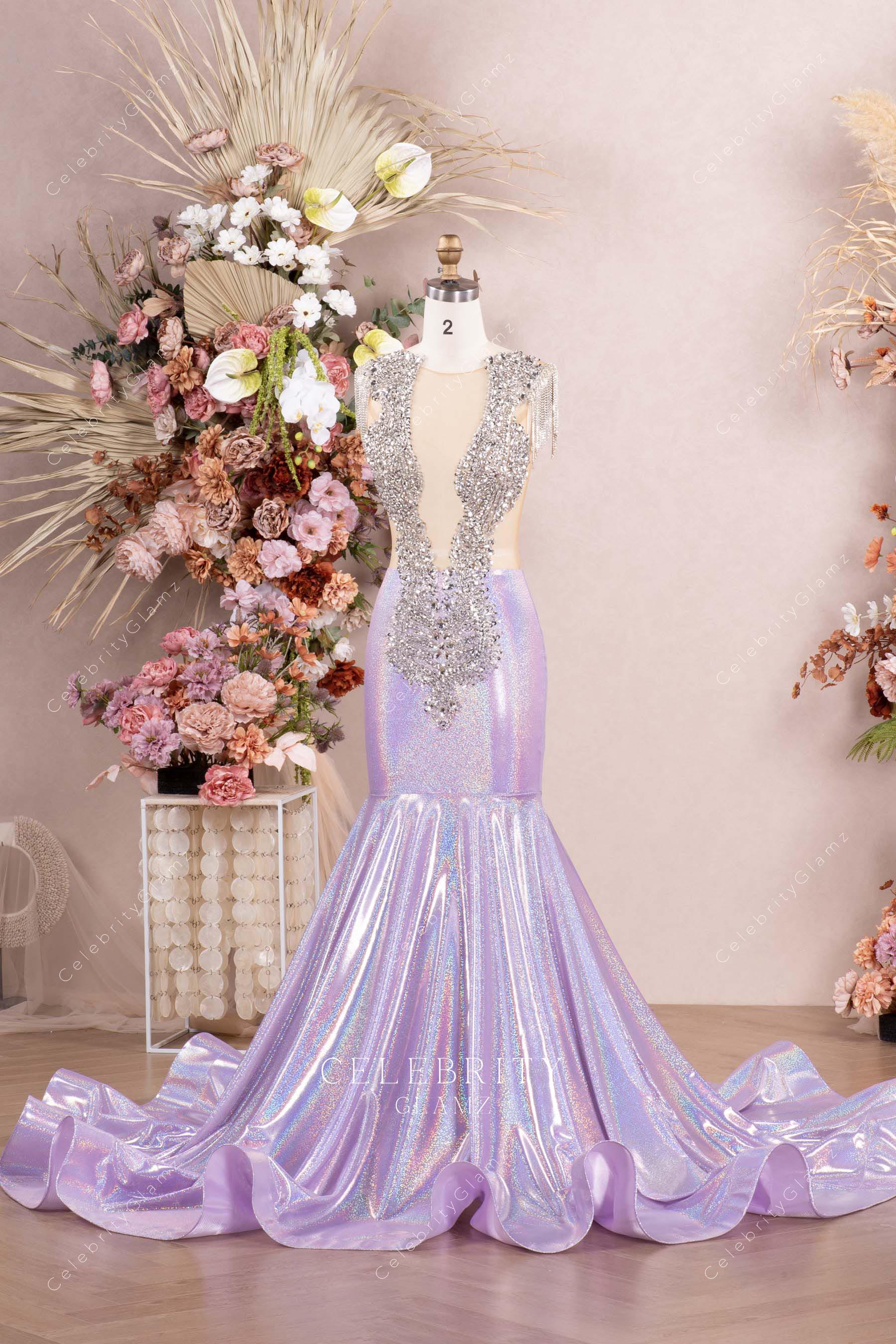 crystals lilac galaxy trumpet prom dress