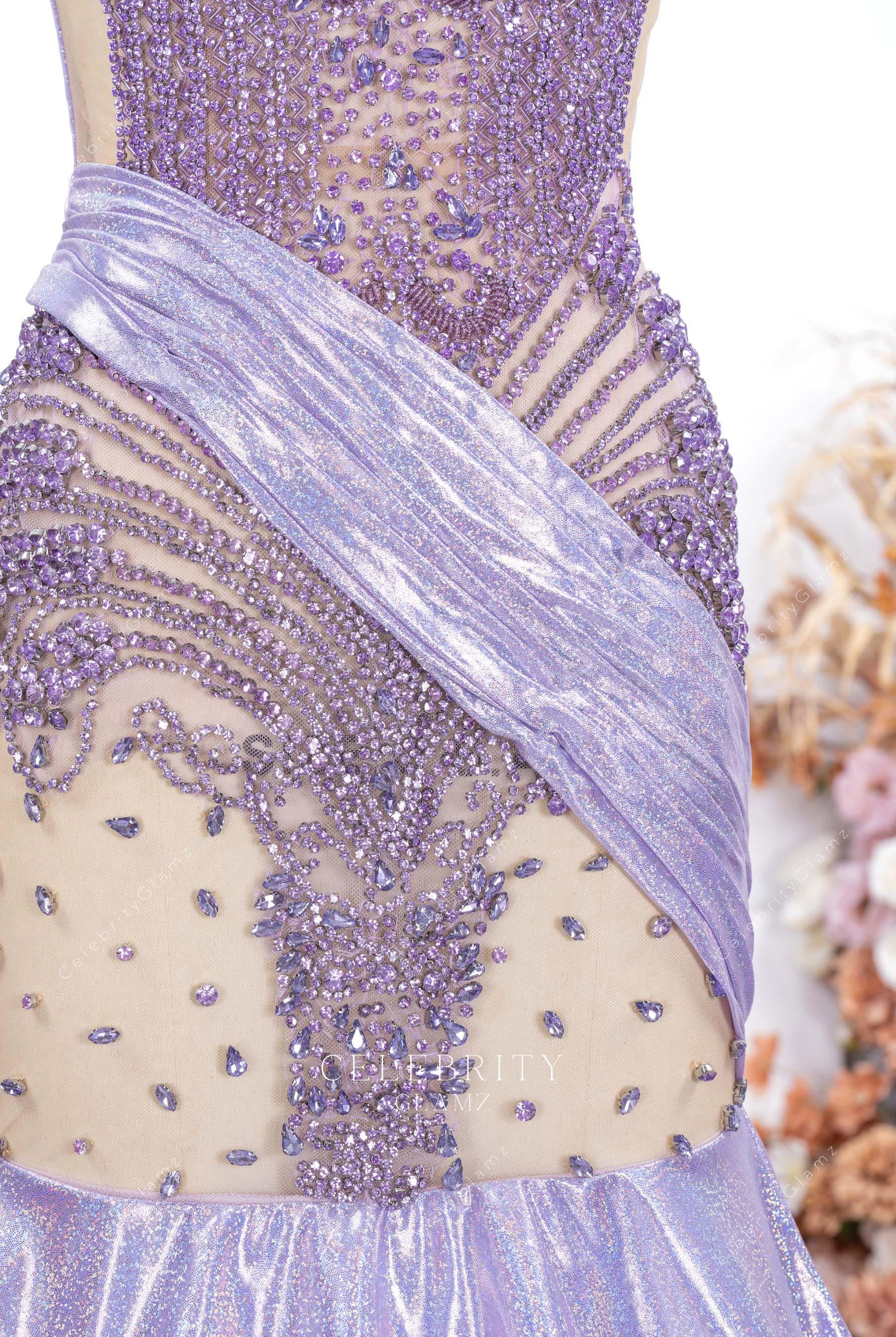 crystals lilac sheer prom dress