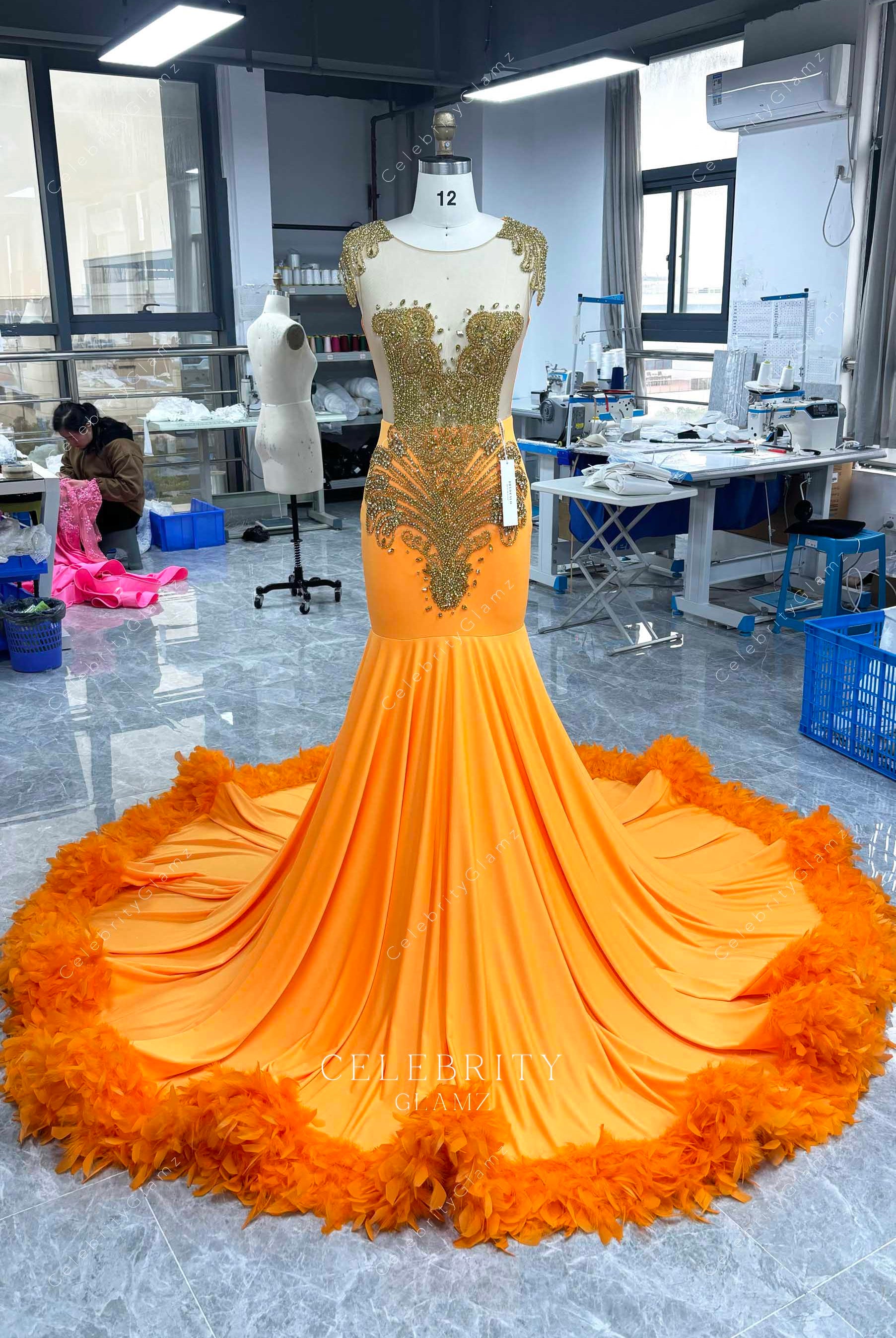 crystals orange trumpet formal dress