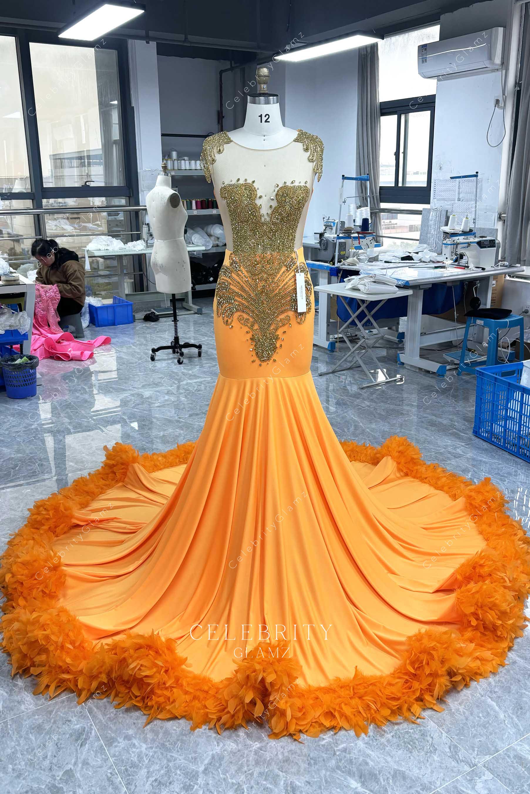 crystals orange trumpet formal dress