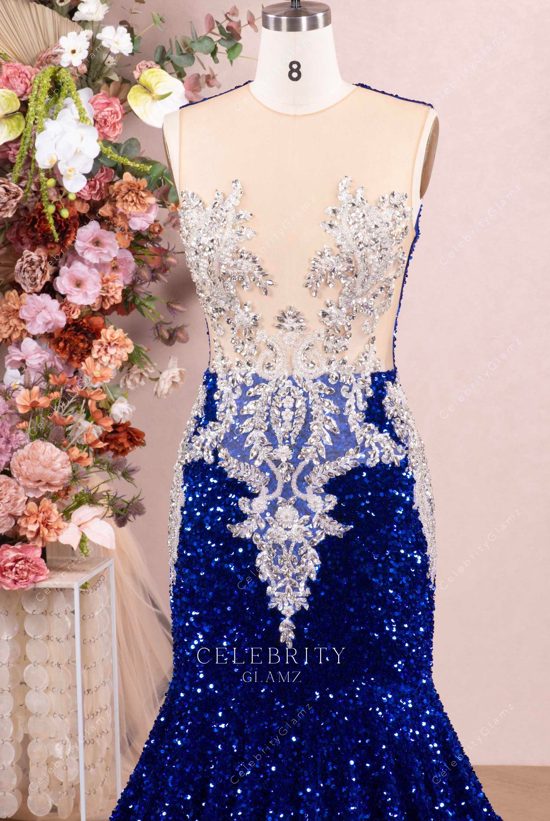 crystals royal blue mermaid prom dress