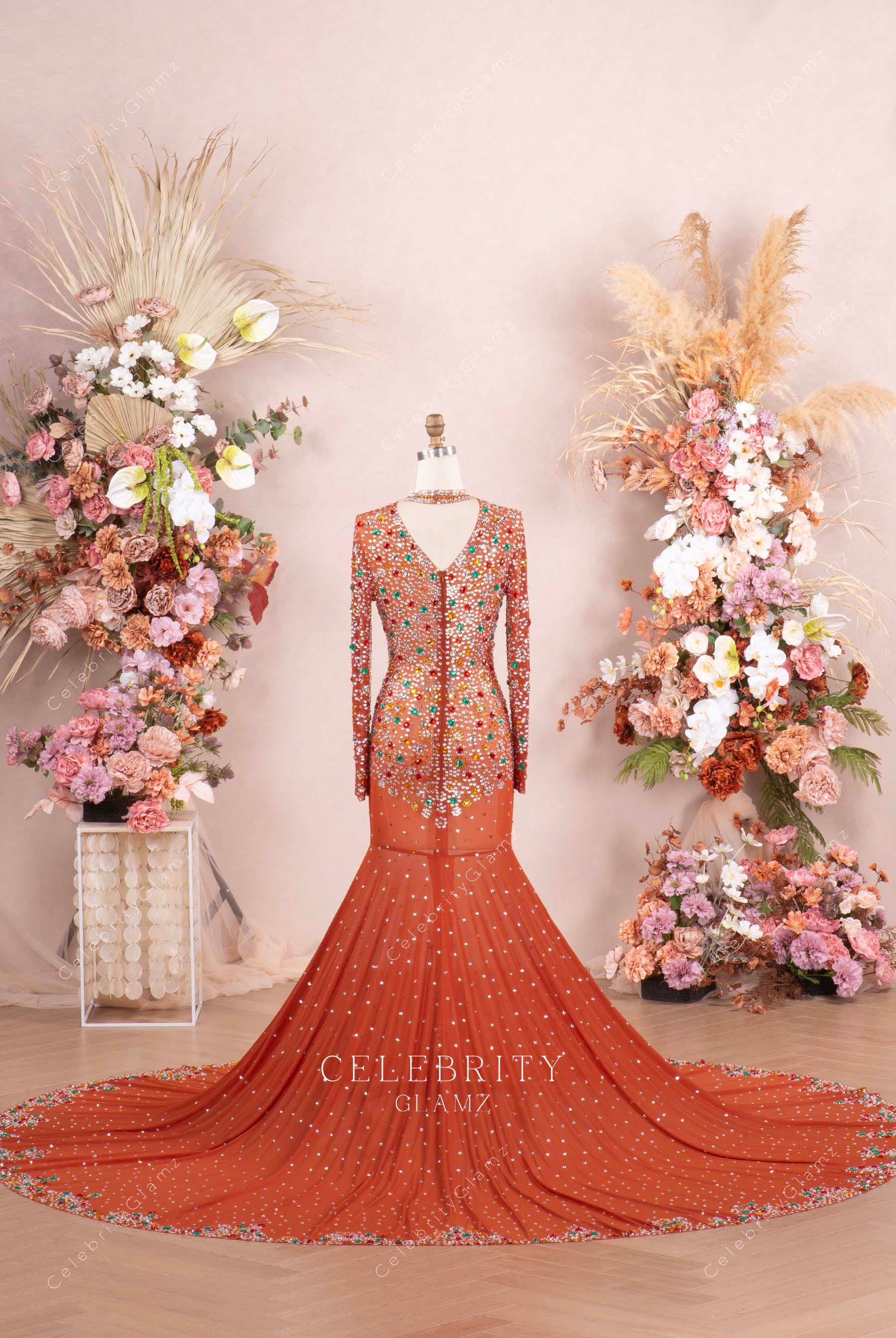 crystals tan chapel train prom dress