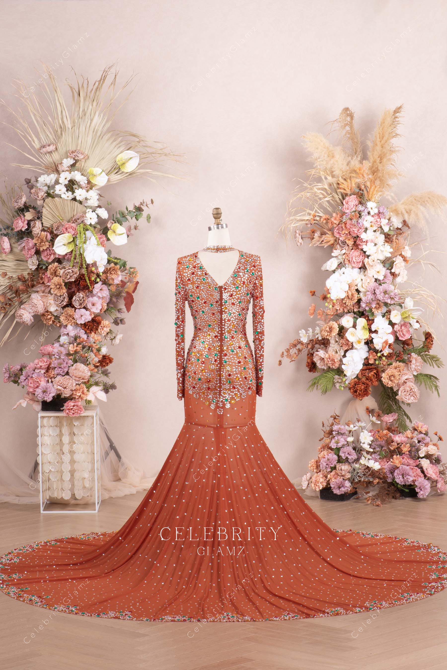 crystals tan chapel train prom dress