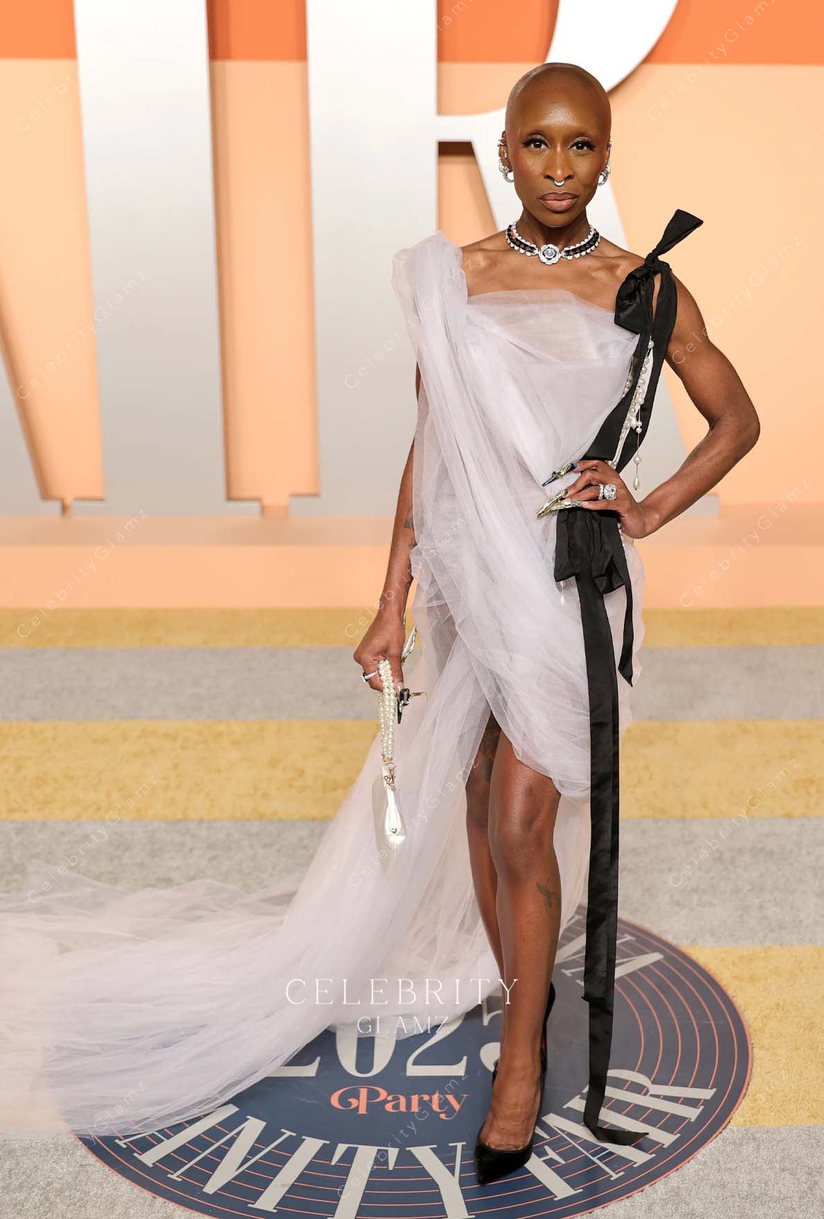 Cynthia Erivo asymmetric neck 2025 Vanity fair party dress
