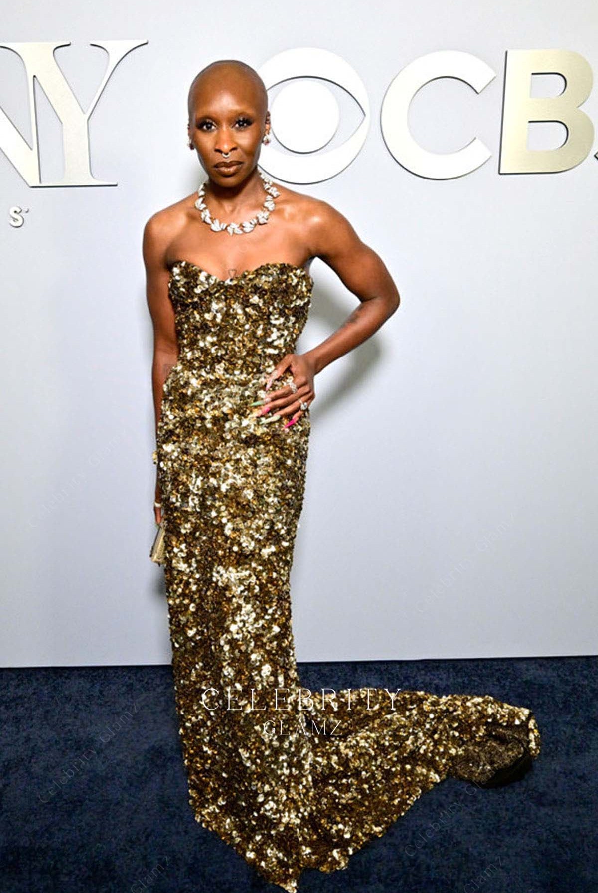 Cynthia Erivo golden strapless prom dress 2024 Tony awards