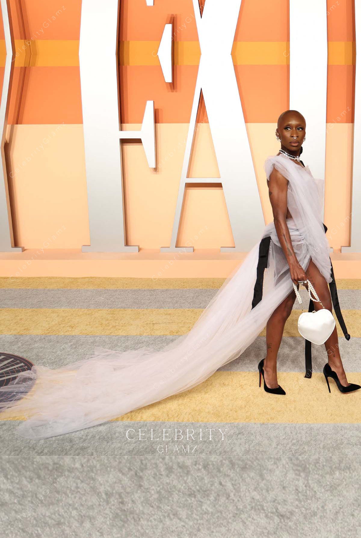 Cynthia Erivo white 2025 flowy long train Vanity fair party dress