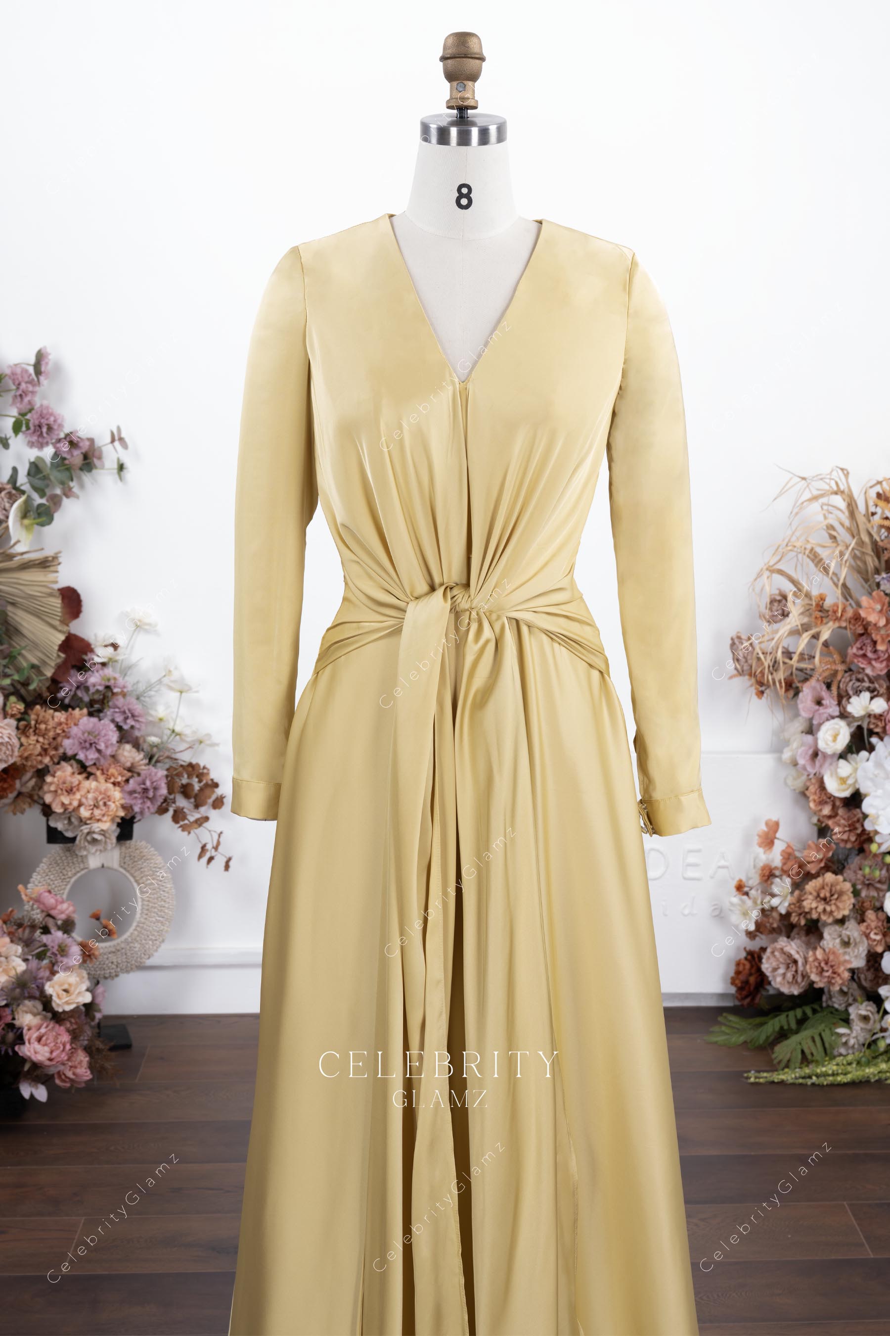 daffodil satin v neck prom dress