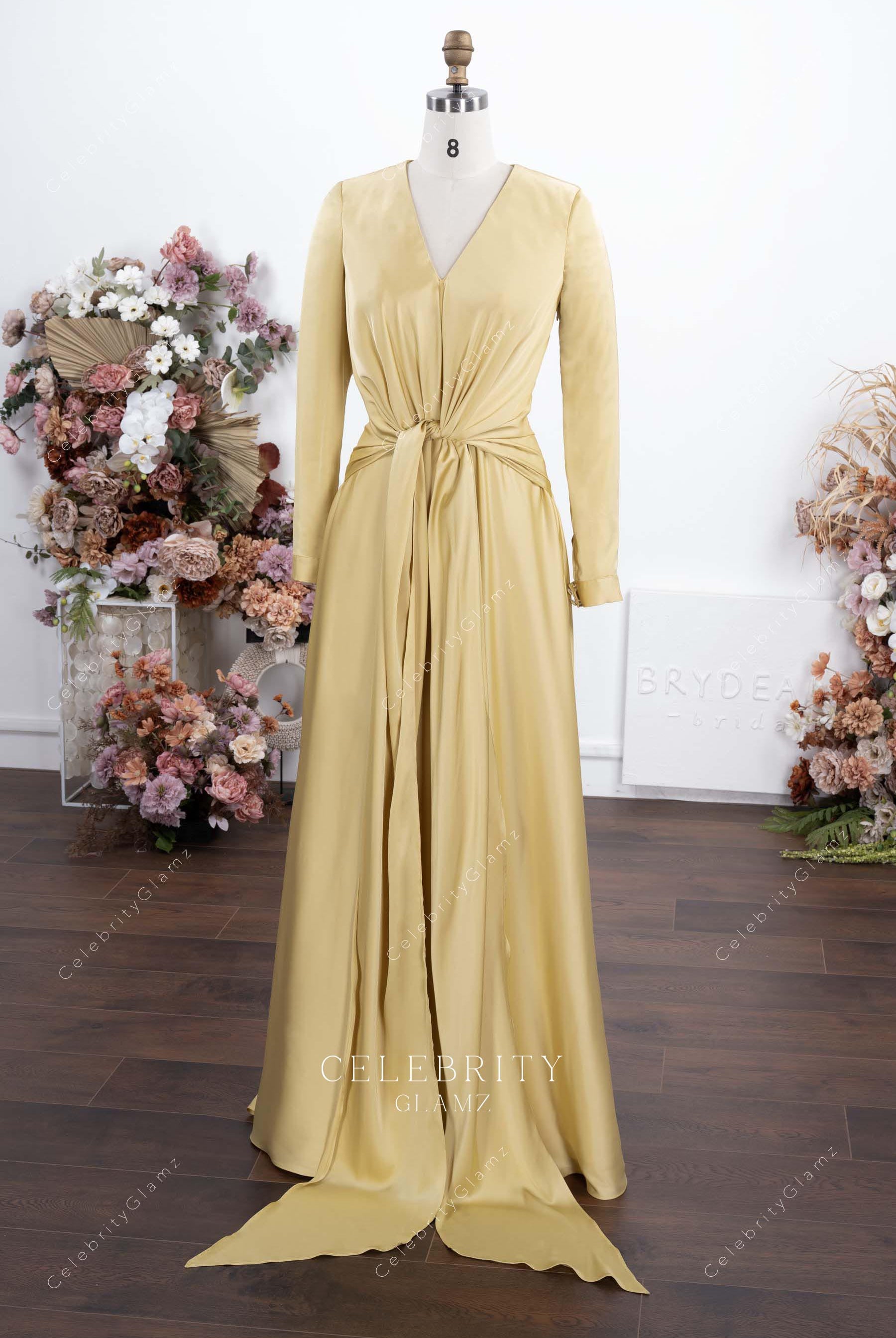 daffodil satin floor length prom dress