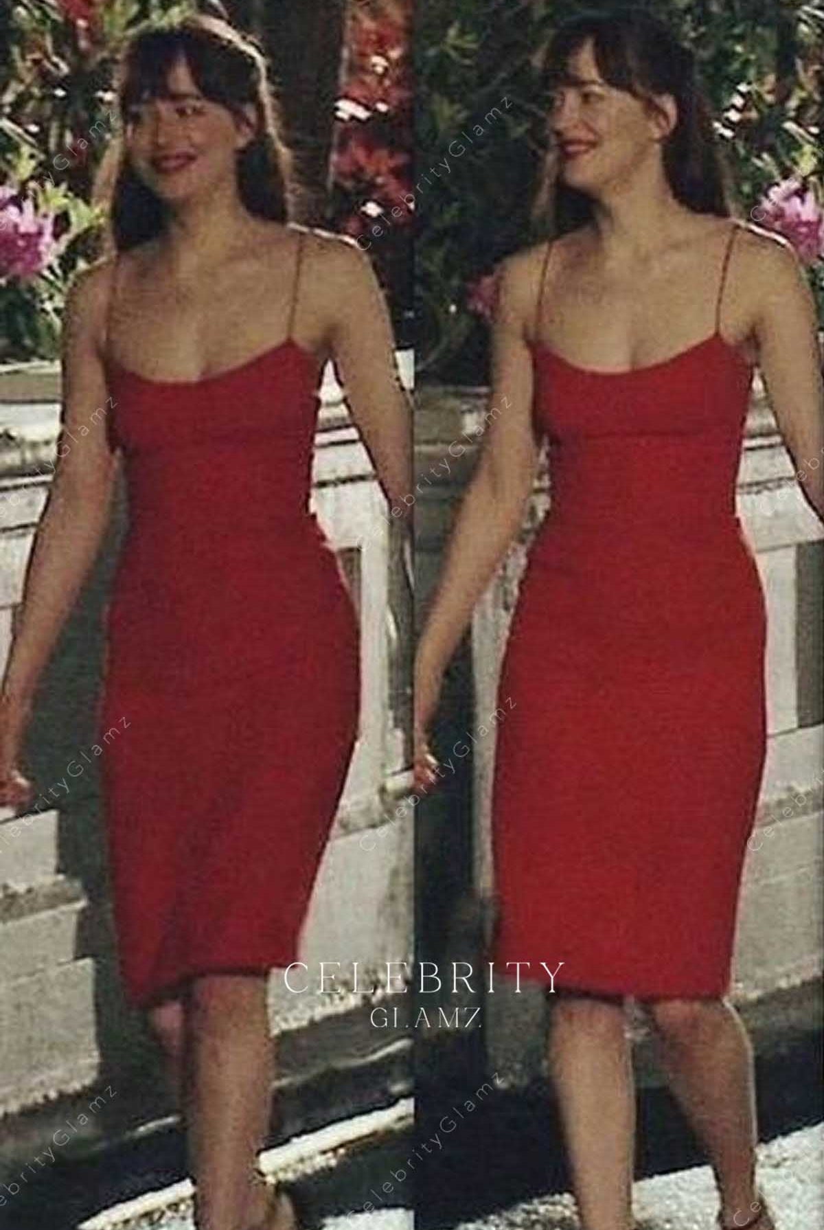 Dakota Johnson red midi cocktail dress fifty shades