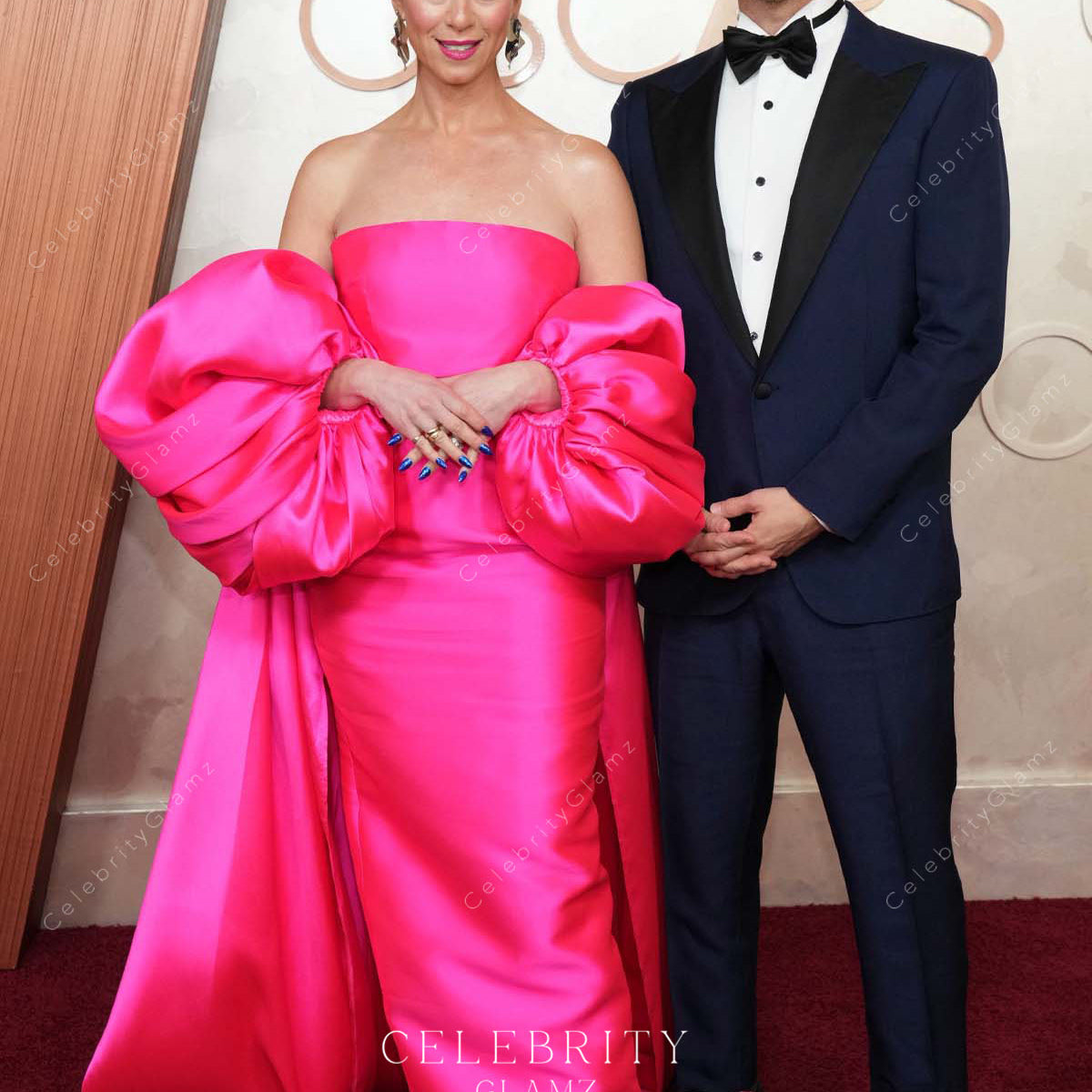 hot pink dress oscars Danya Solomon 2025 Detachable Sleeves Sheath Gown – Celebrity Glamz colour: textured--plunge-front--dress