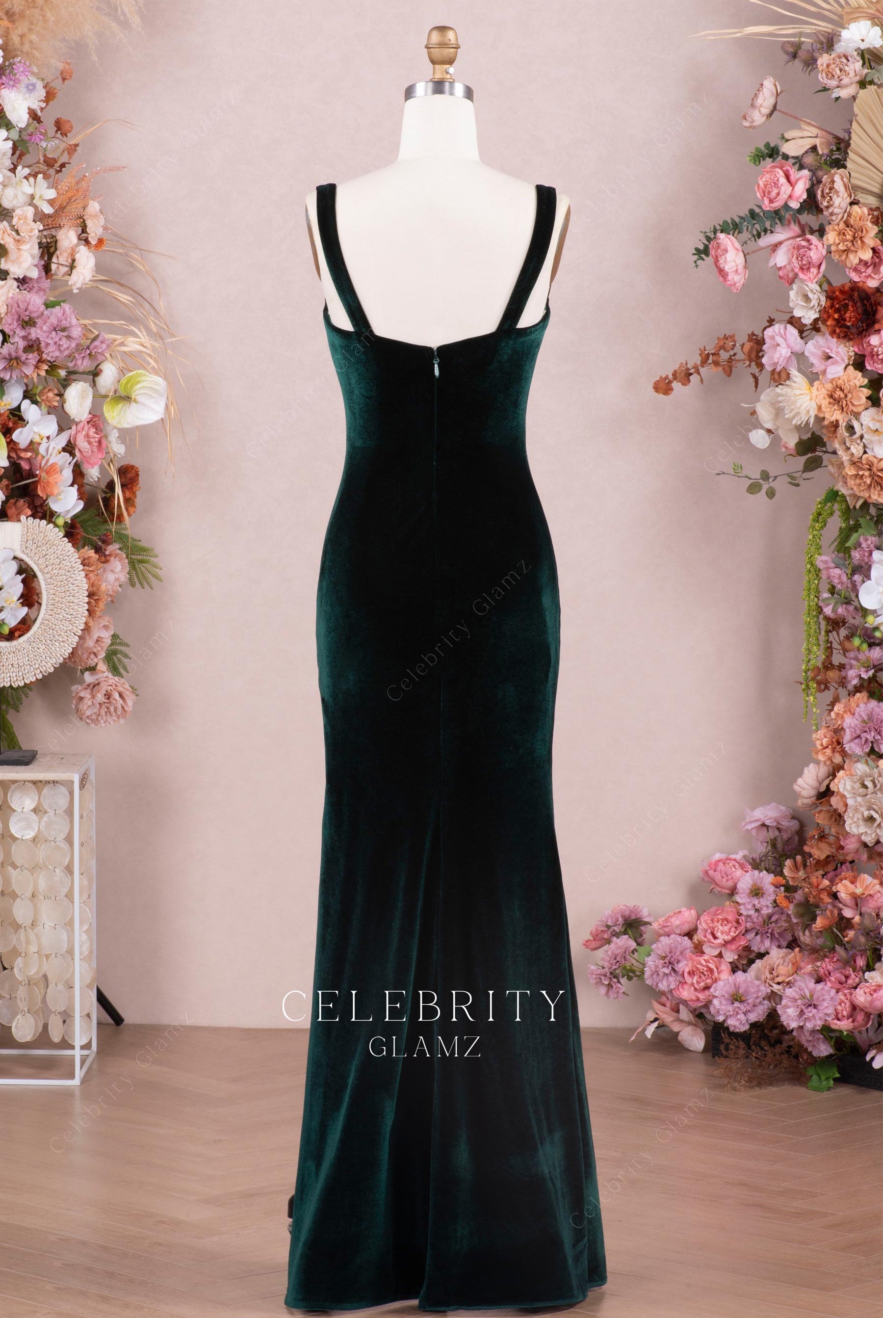 dark green velvet fit flare prom dress