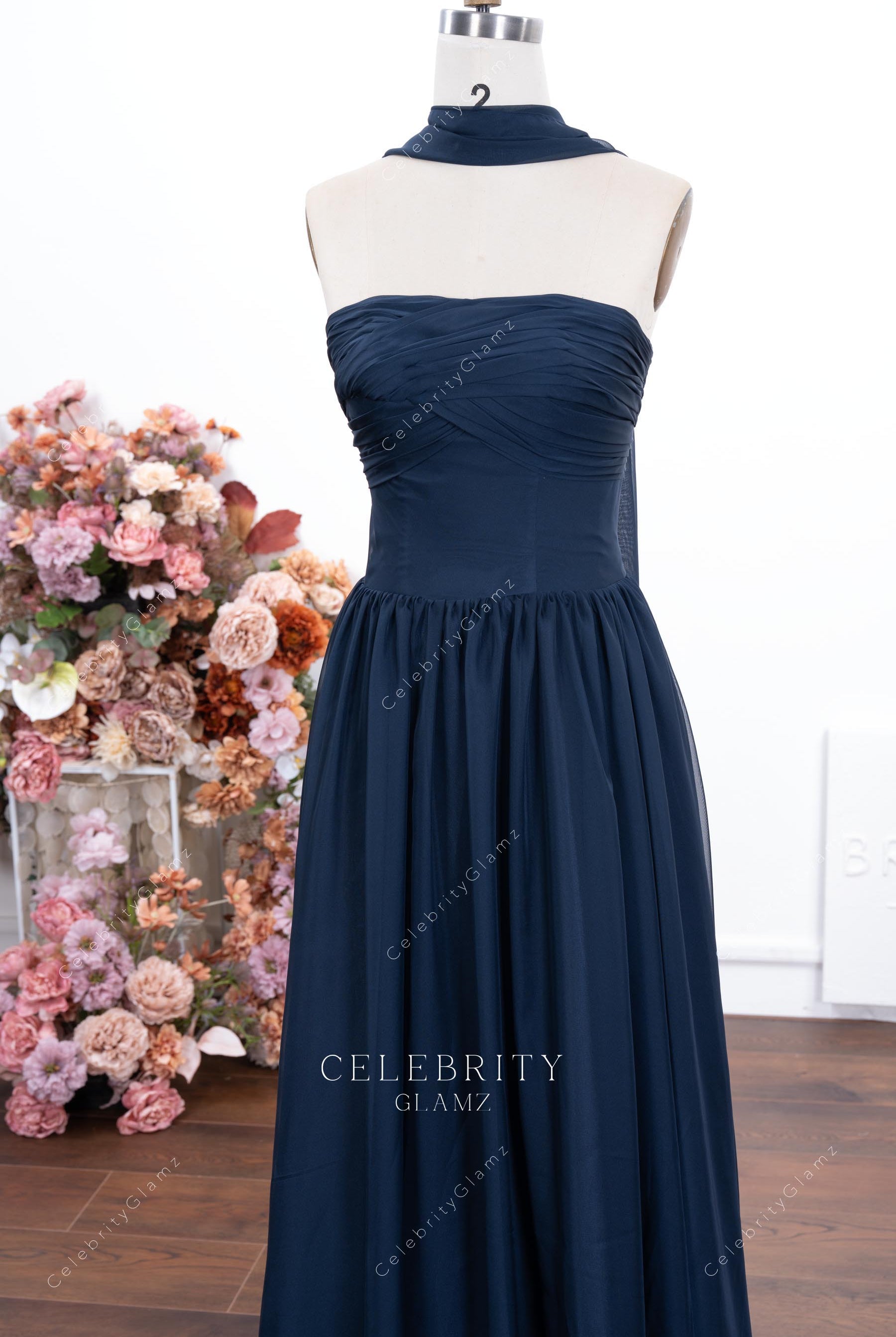 dark navy chiffon shawl bridesmaid dress