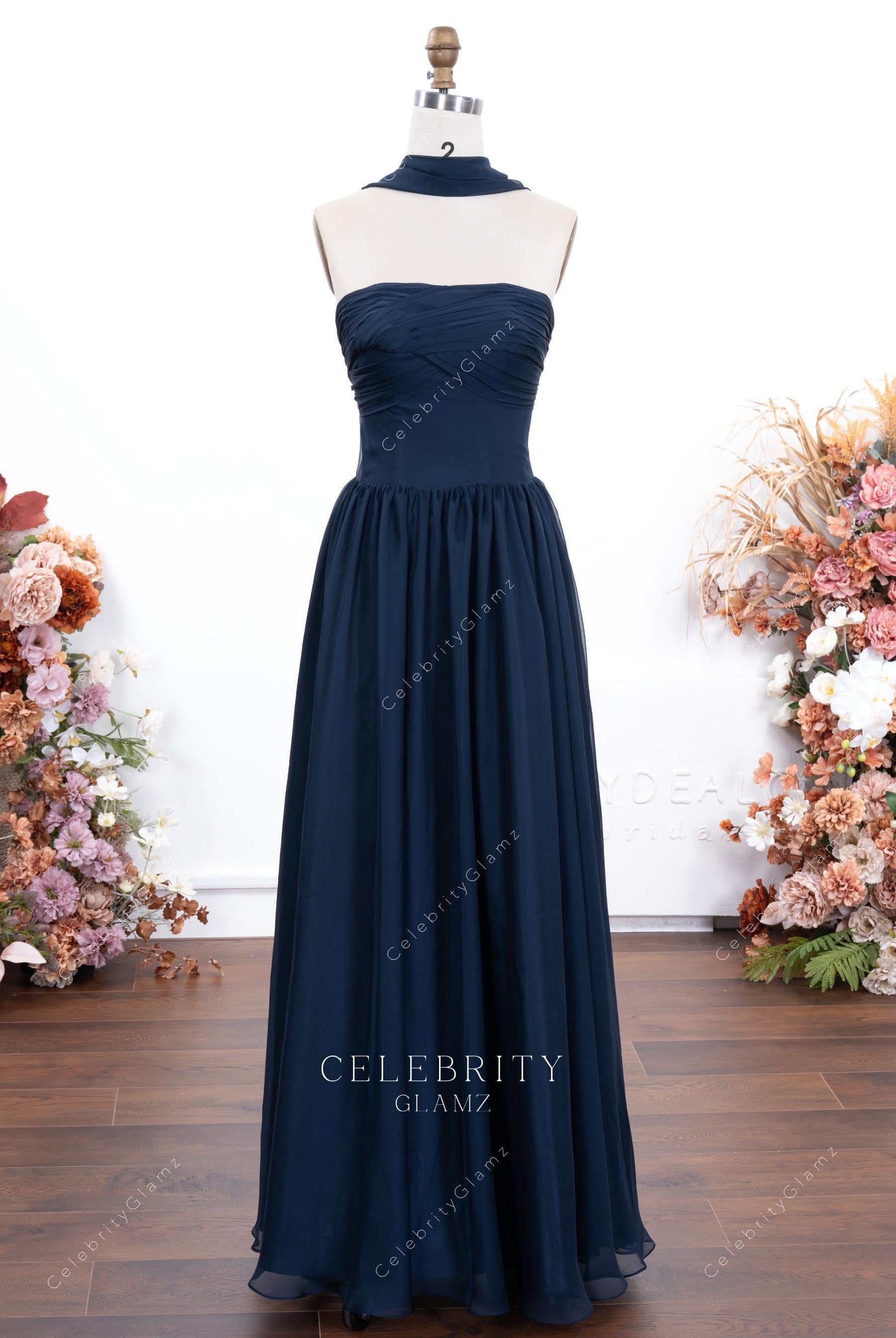 dark navy chiffon strapless bridesmaid dress