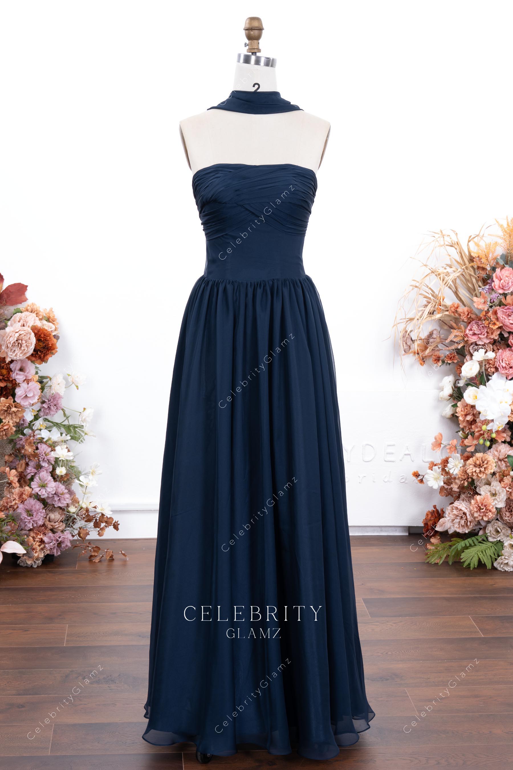 dark navy chiffon strapless bridesmaid dress