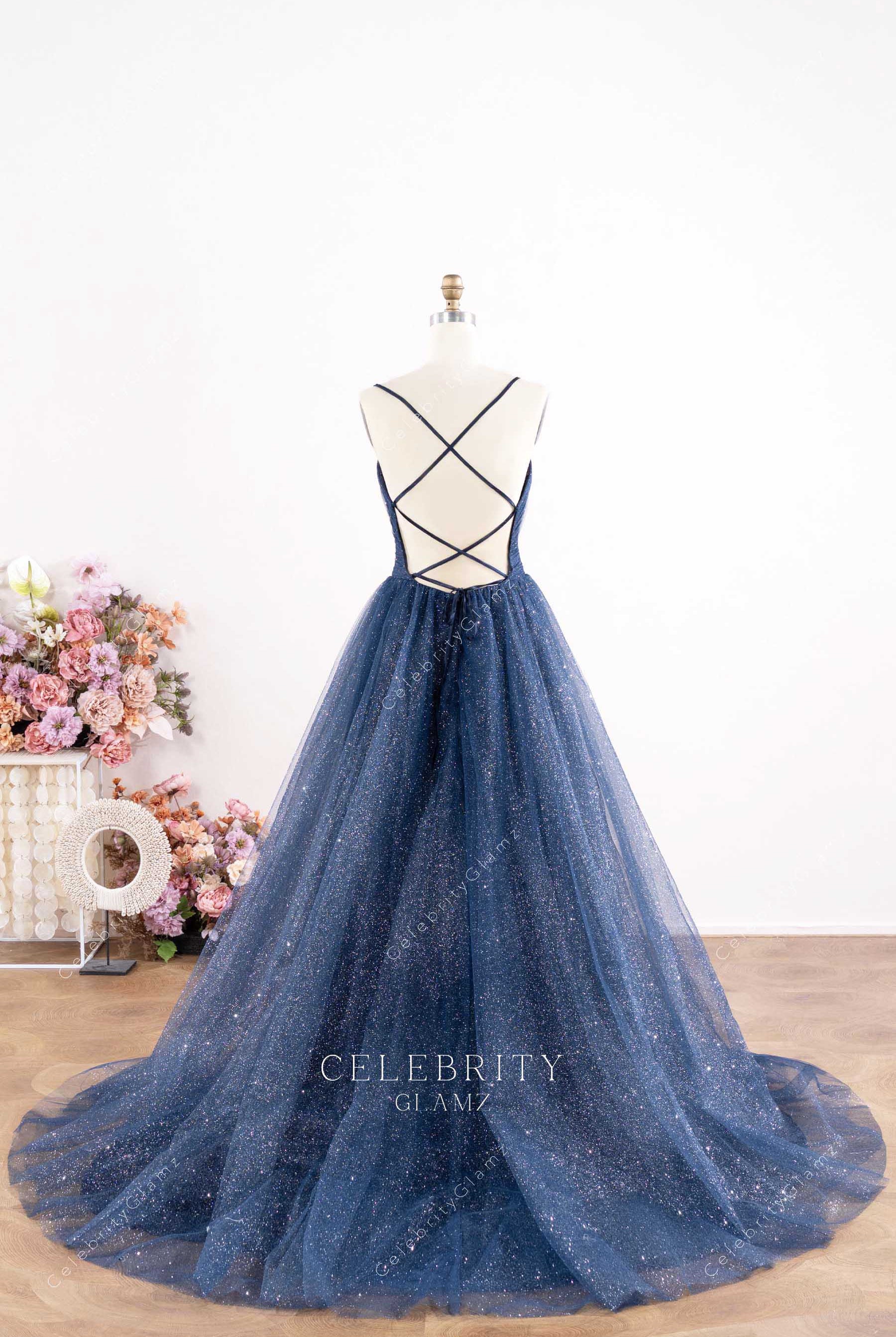 dark navy court train prom dress