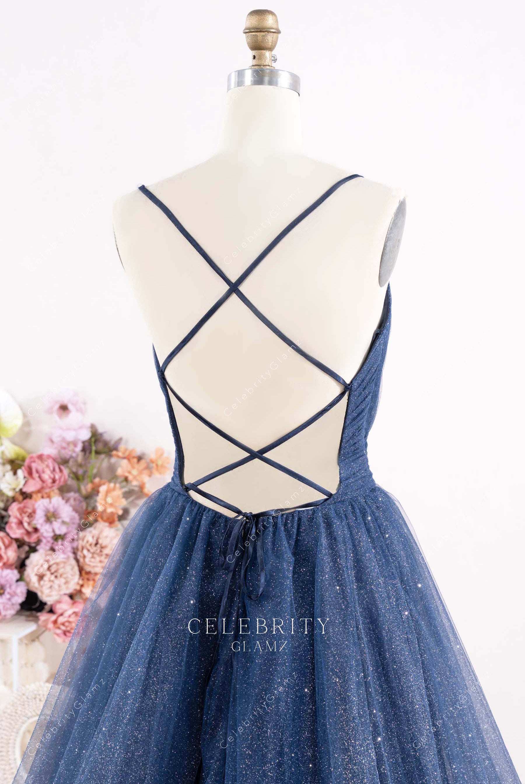dark navy crisscross back prom dress