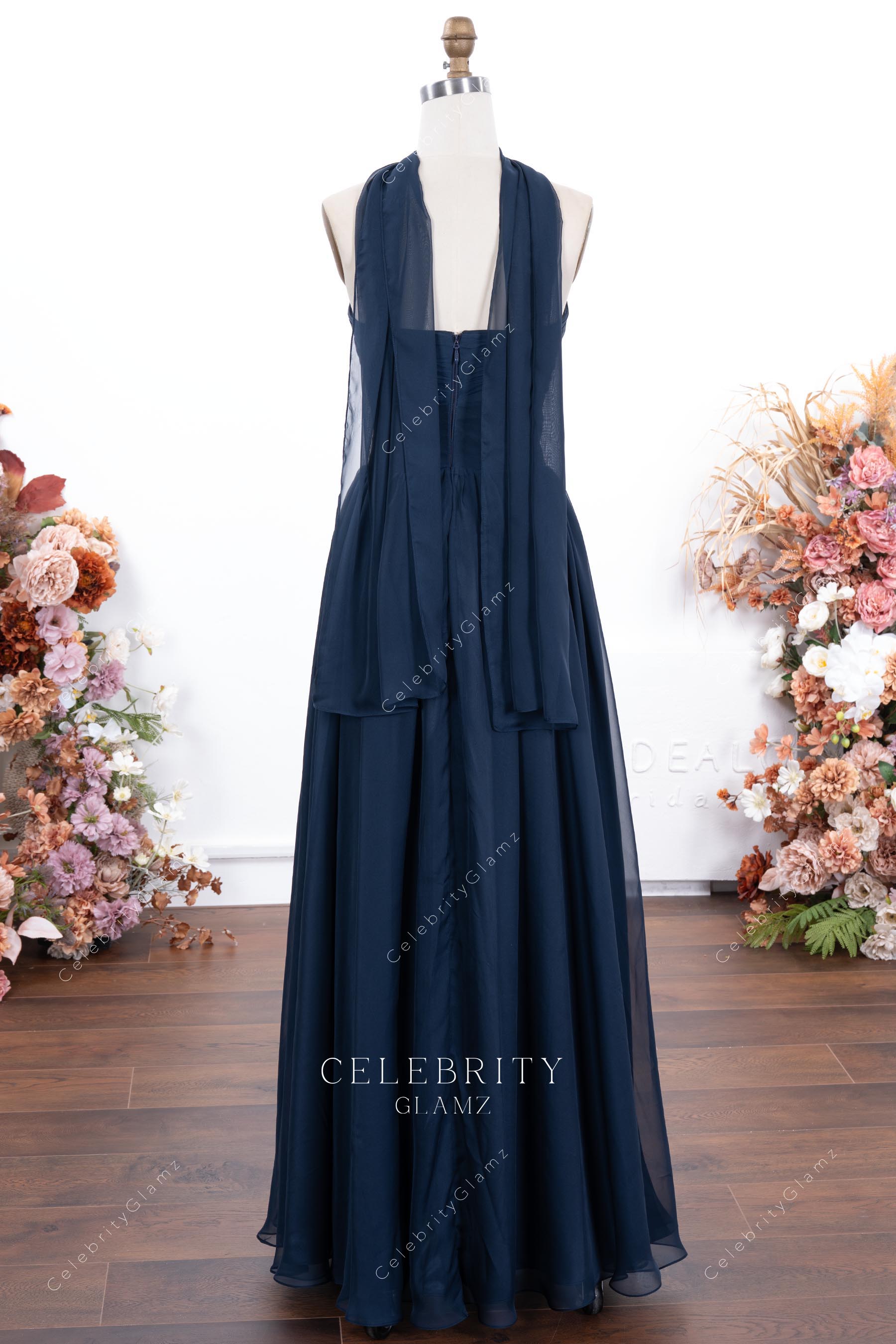 dark navy floor length bridesmaid dress