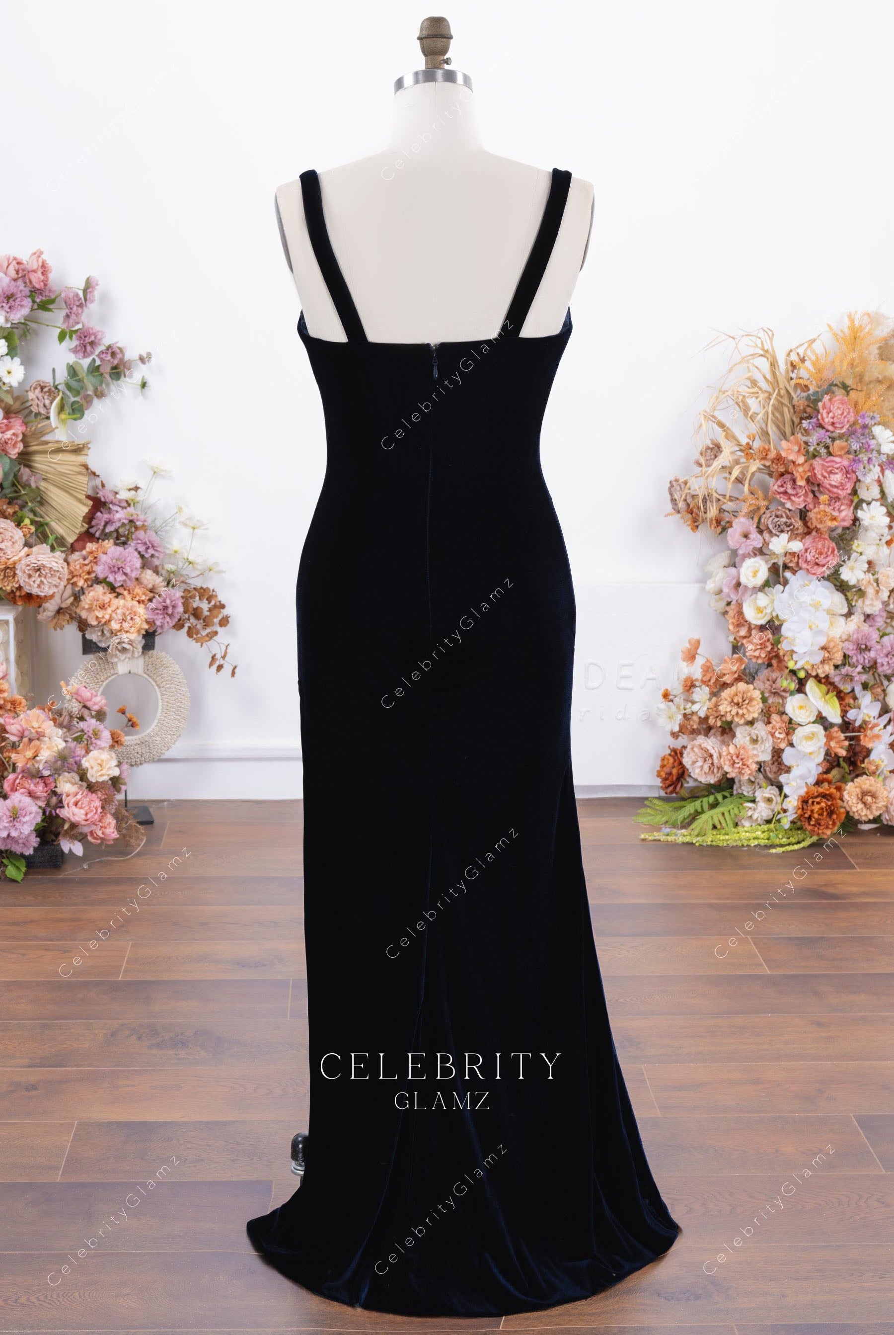 dark navy floor length evening dress