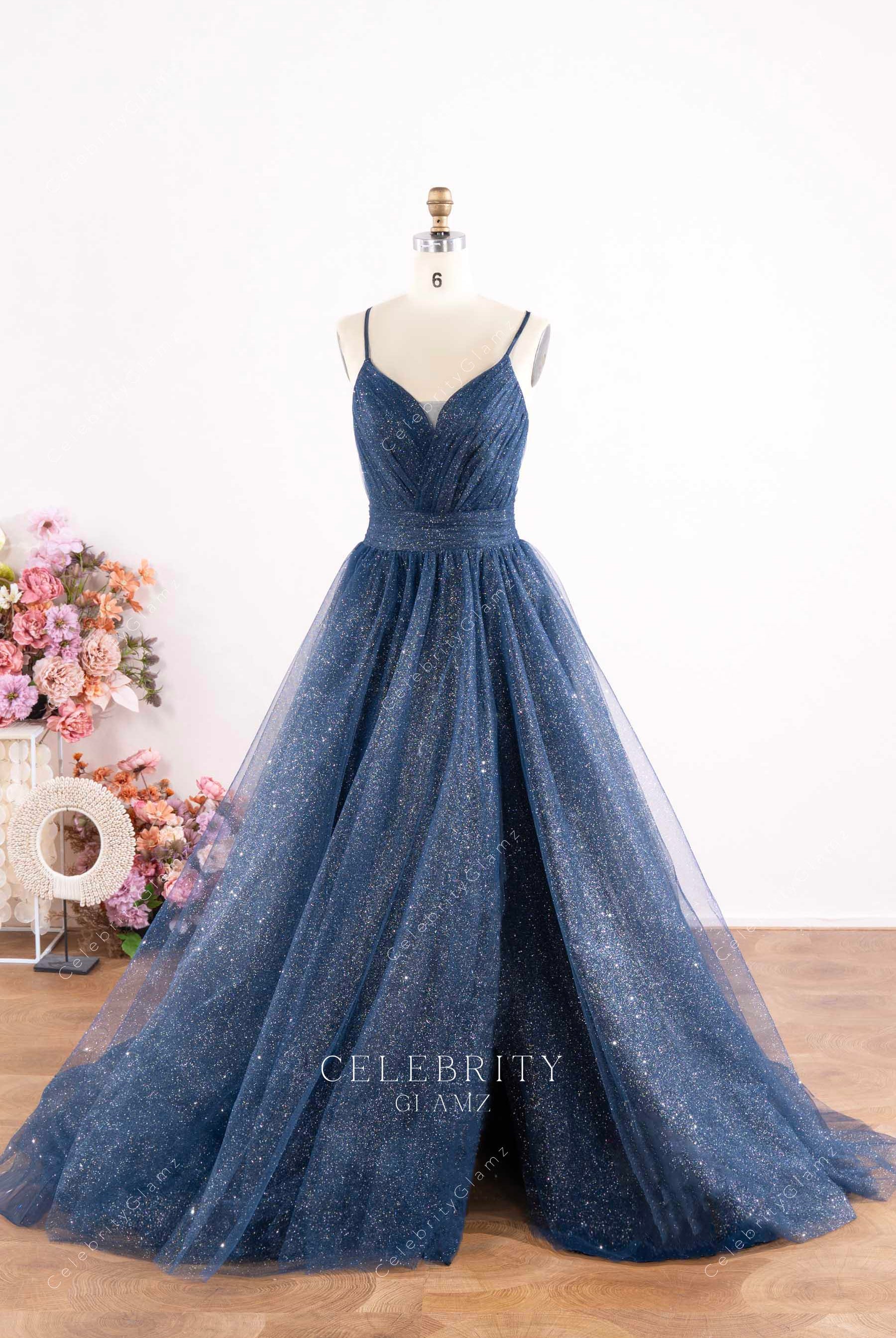 dark navy glitter tulle prom dress