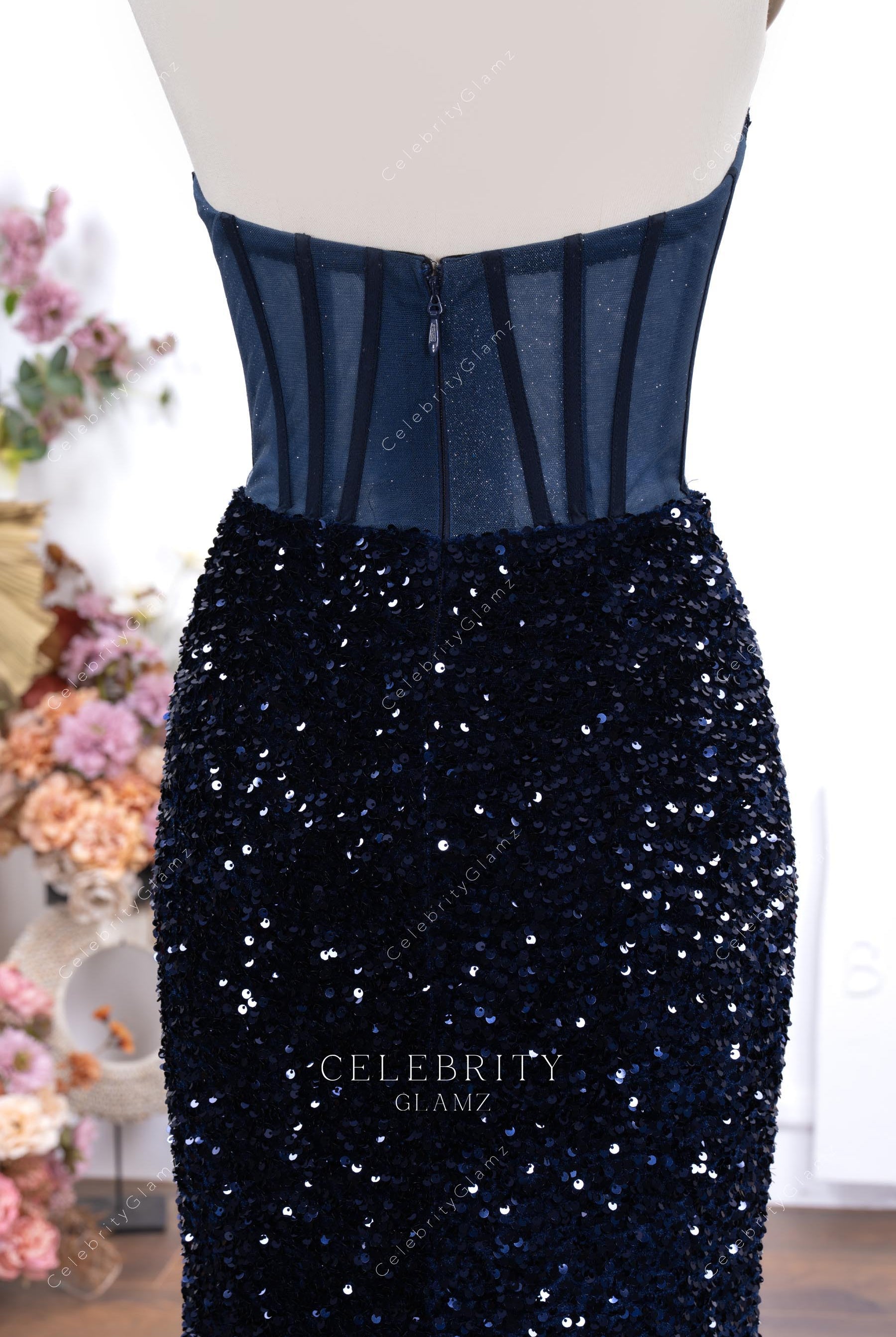dark navy sheer corset back prom dress