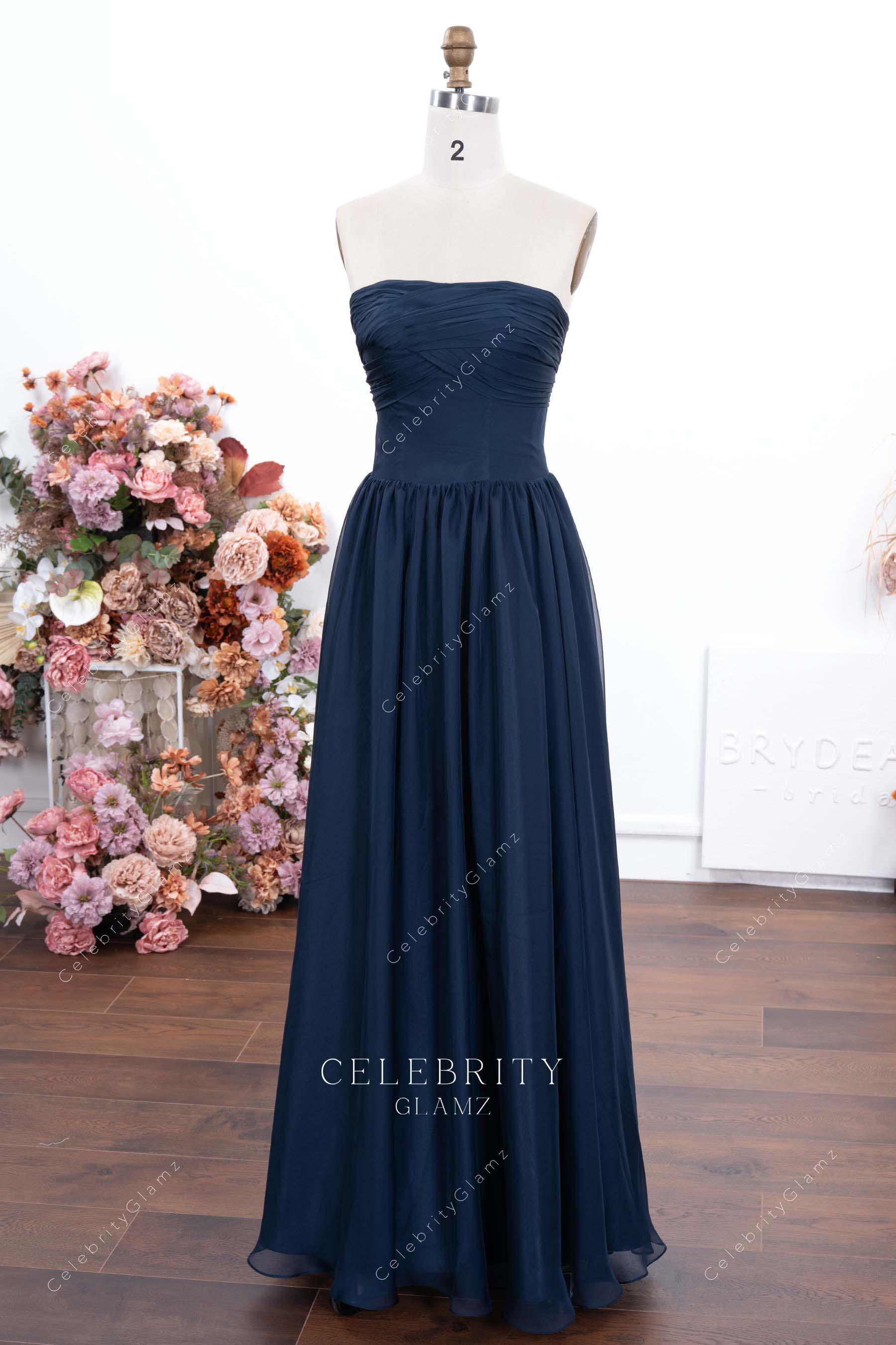 dark navy strapless a line prom dress