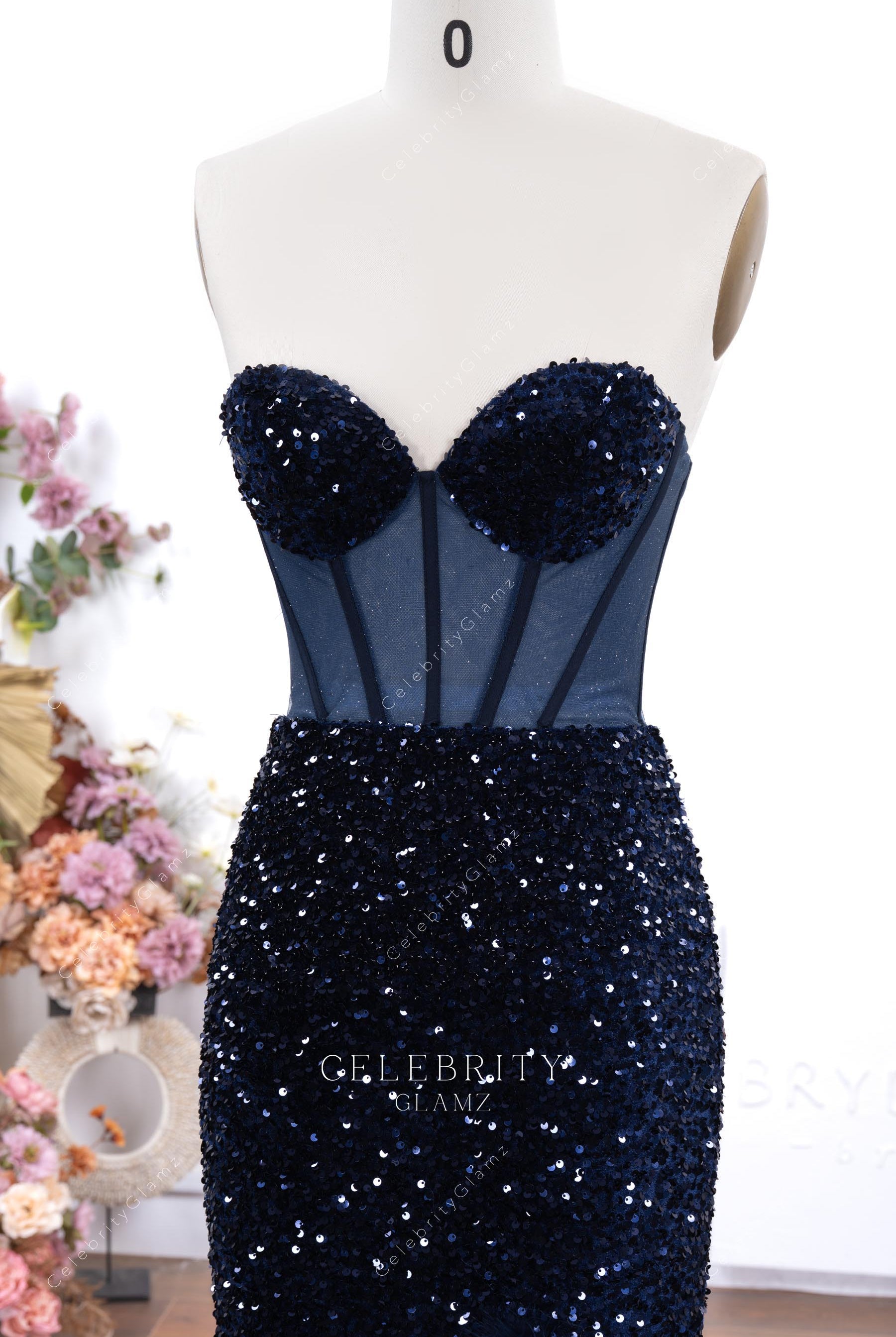 dark navy sweetheart corset prom dress