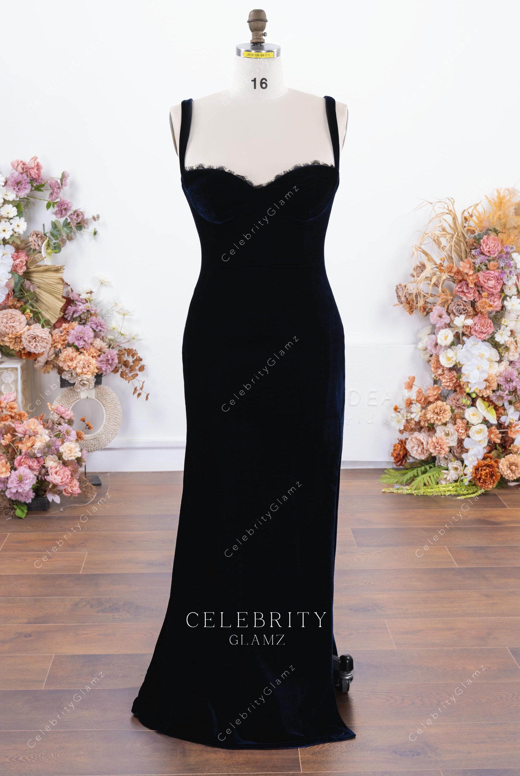 dark navy velvet fit flare prom dress