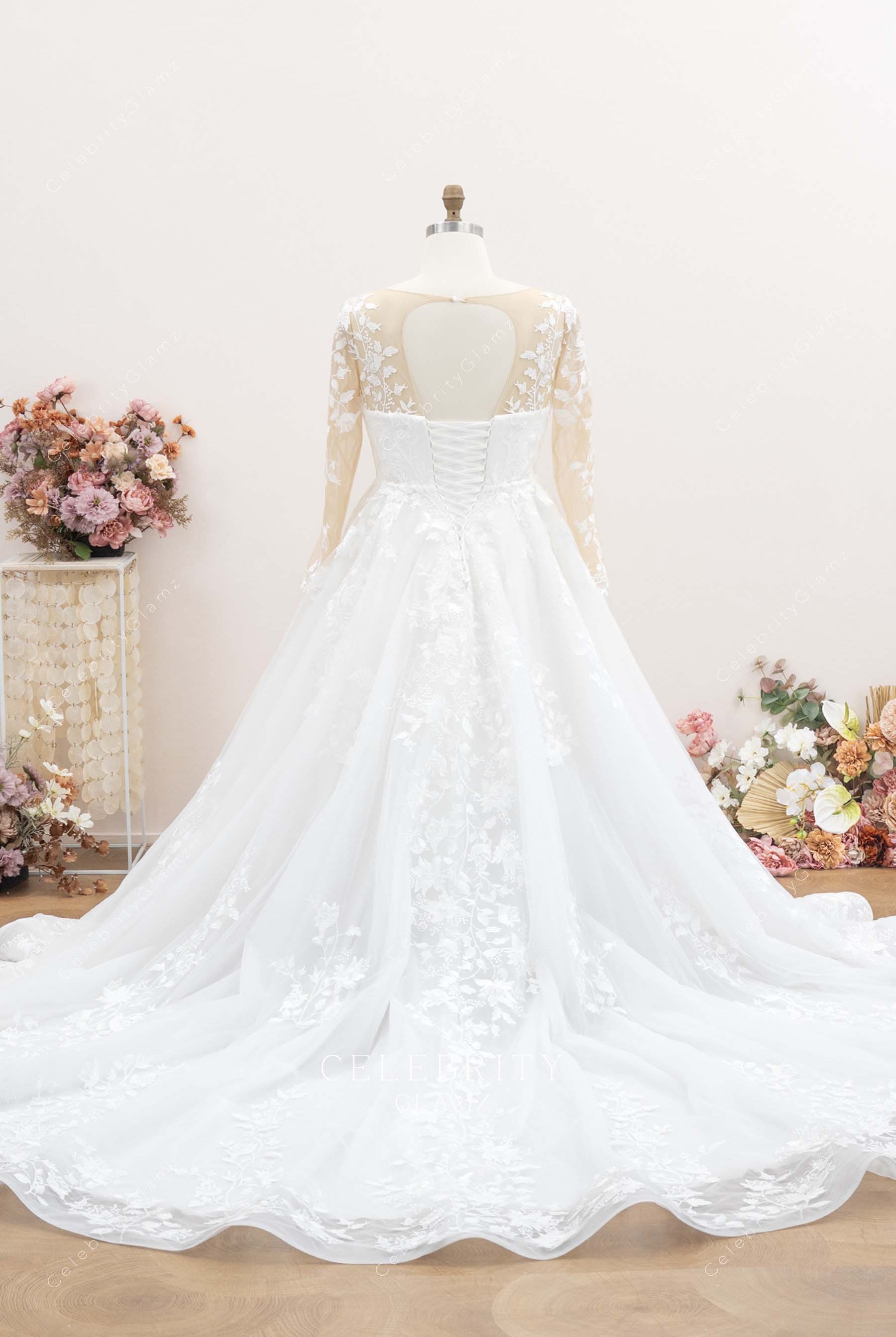 delicate lace chapel train bridal dress