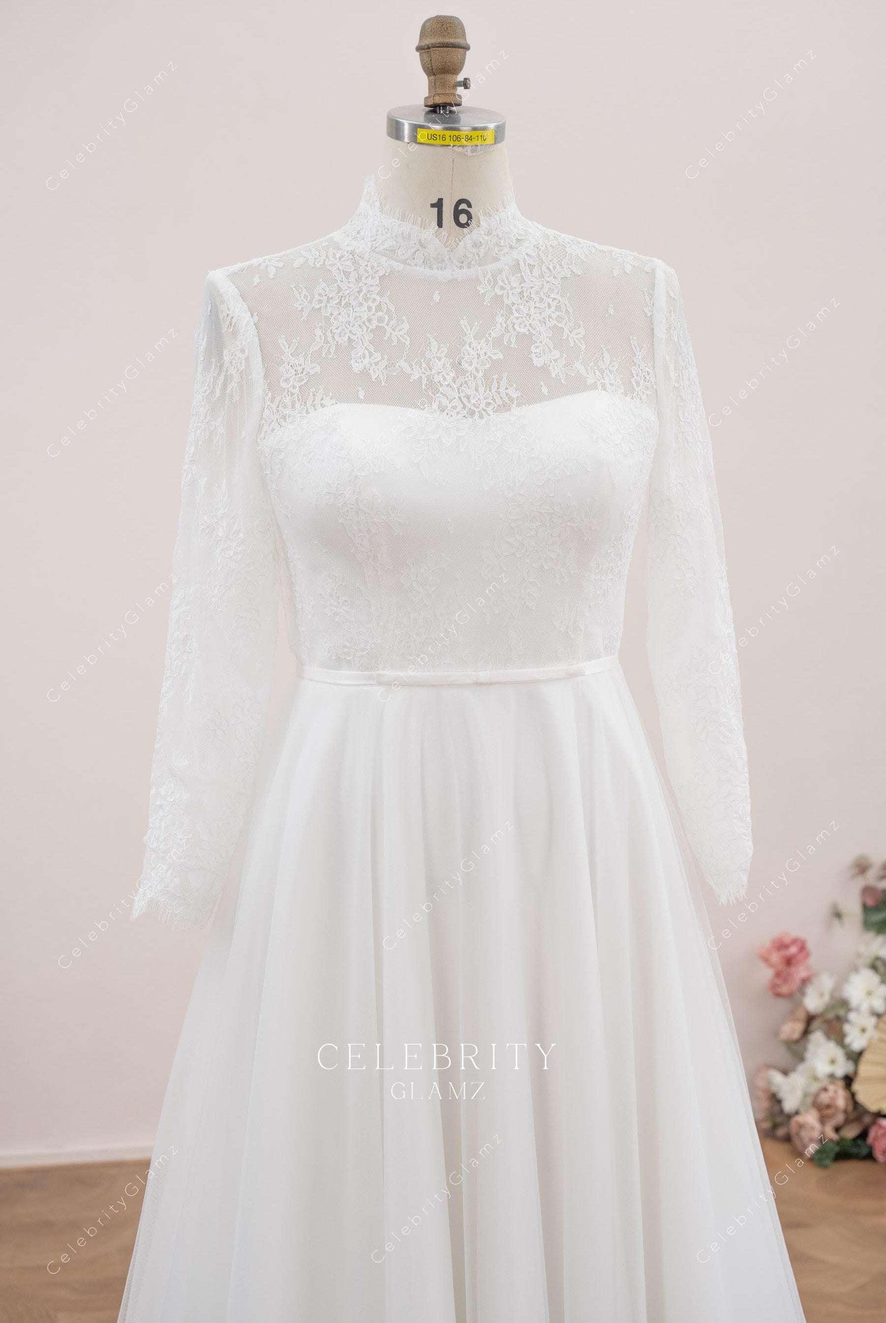 delicate lace sheer sleeve wedding dress