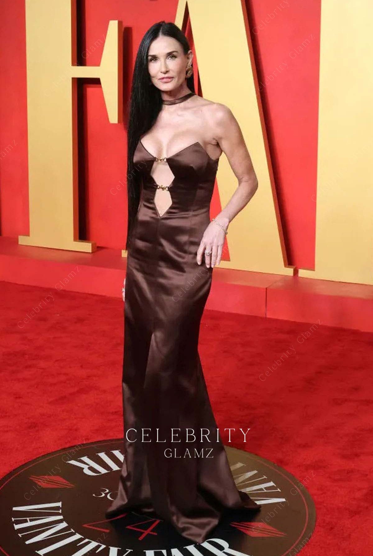 Demi Moore v neck dress 2024 Oscars after party