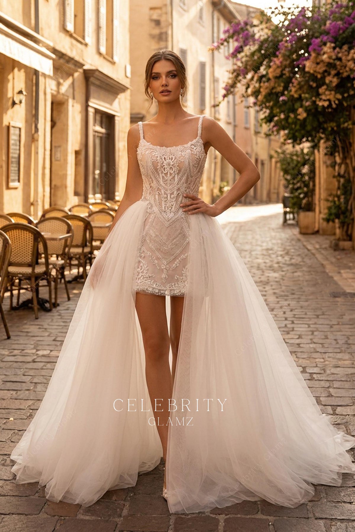 detachable tulle overskirt bridal dress
