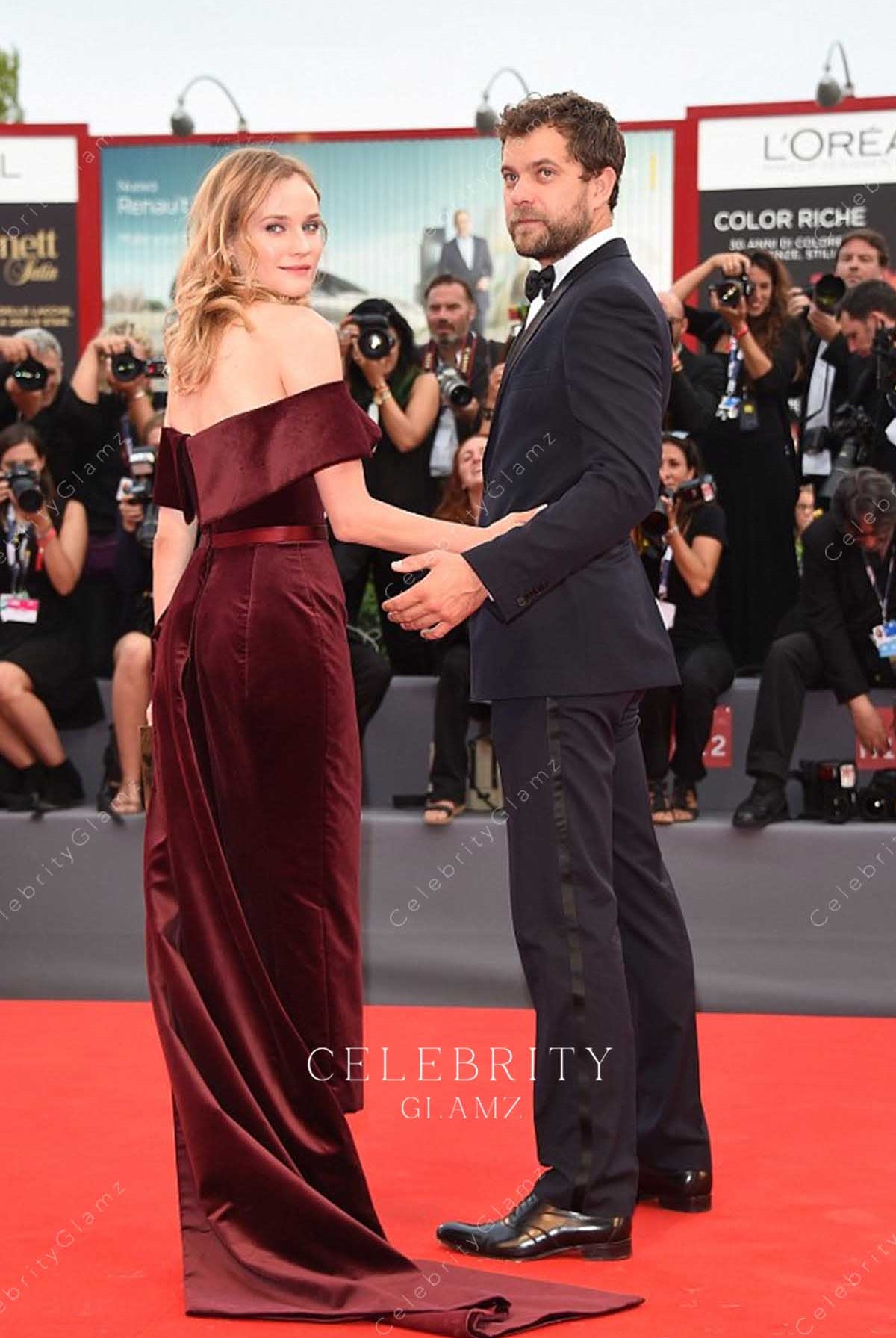 Diane Kruger red velvet panel train carpet gown