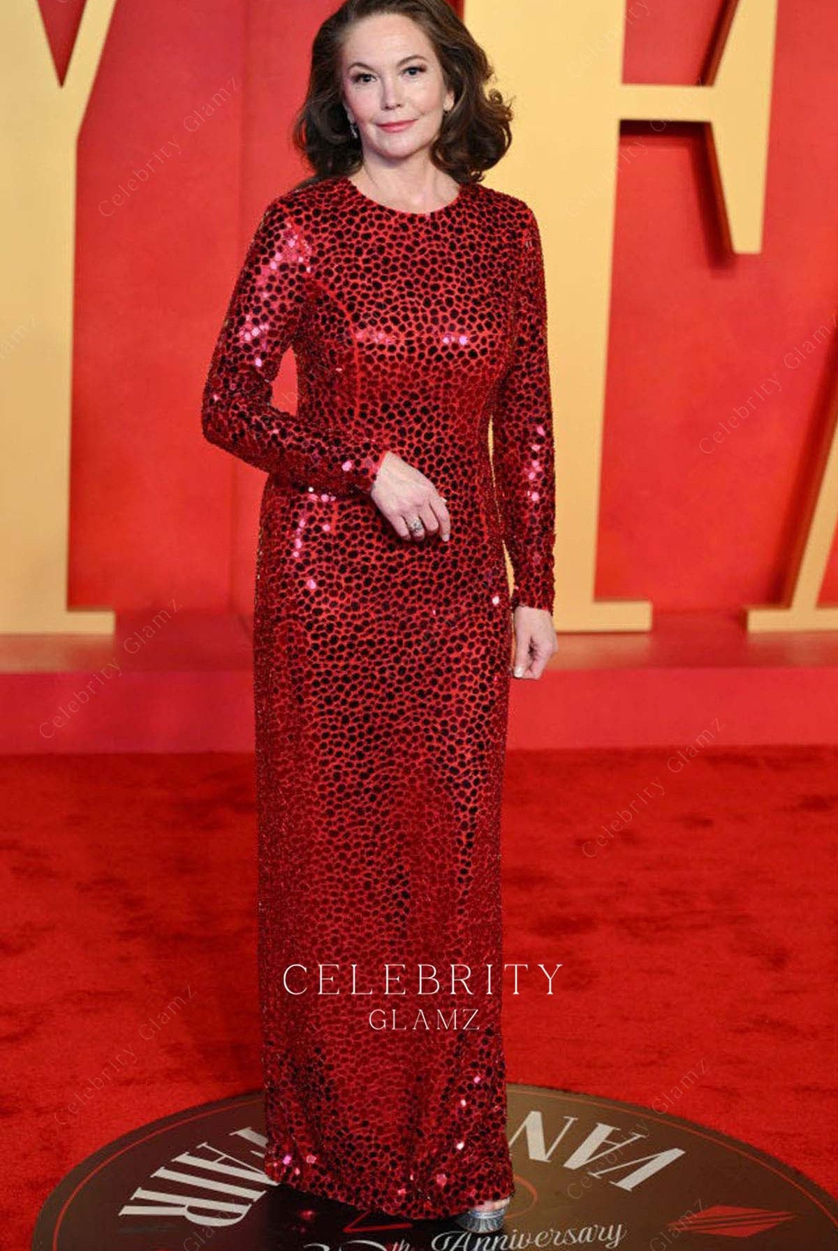 Diane Lane red sequined prom dress 2024 Oscars after party