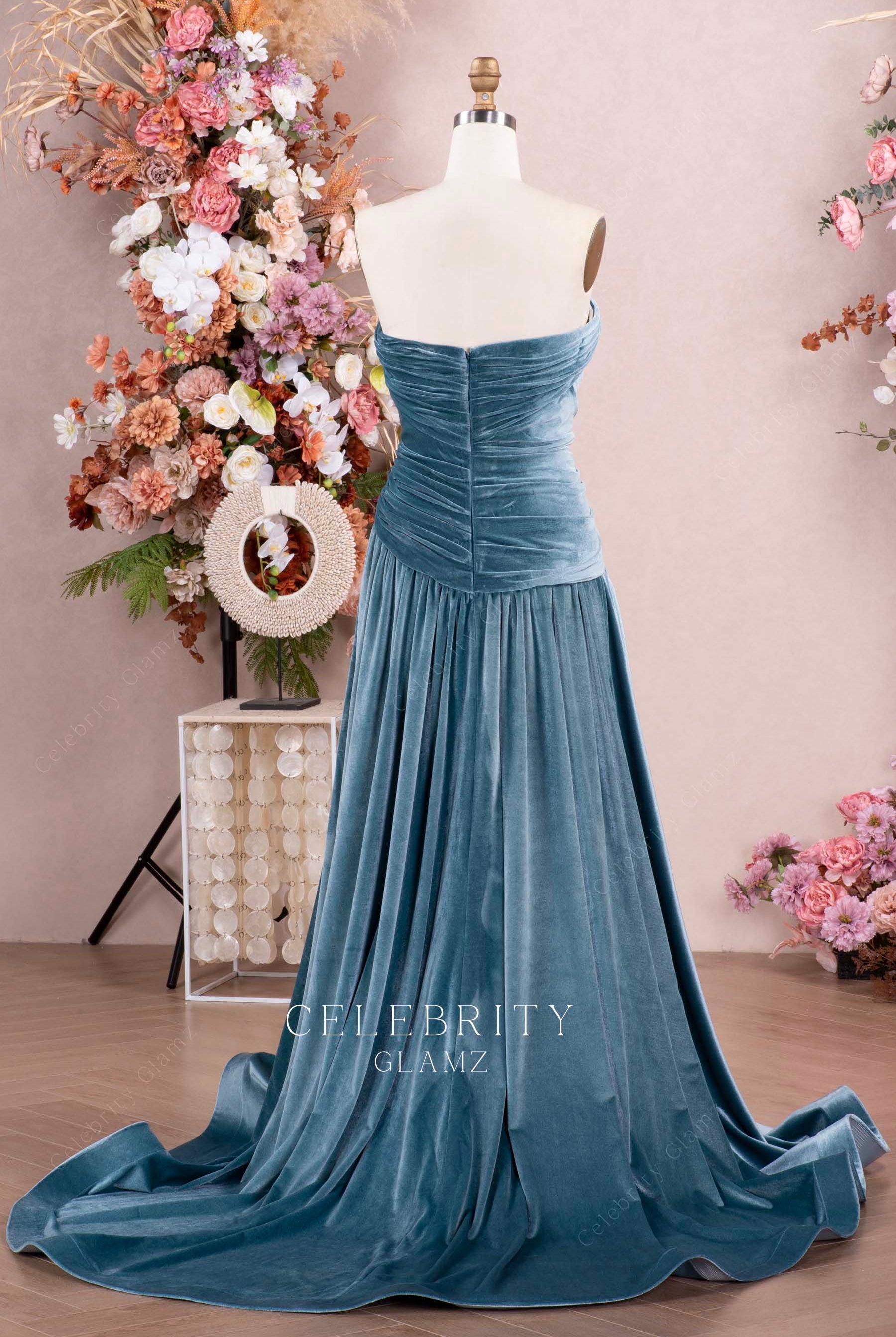 dusty blue court train formal dress