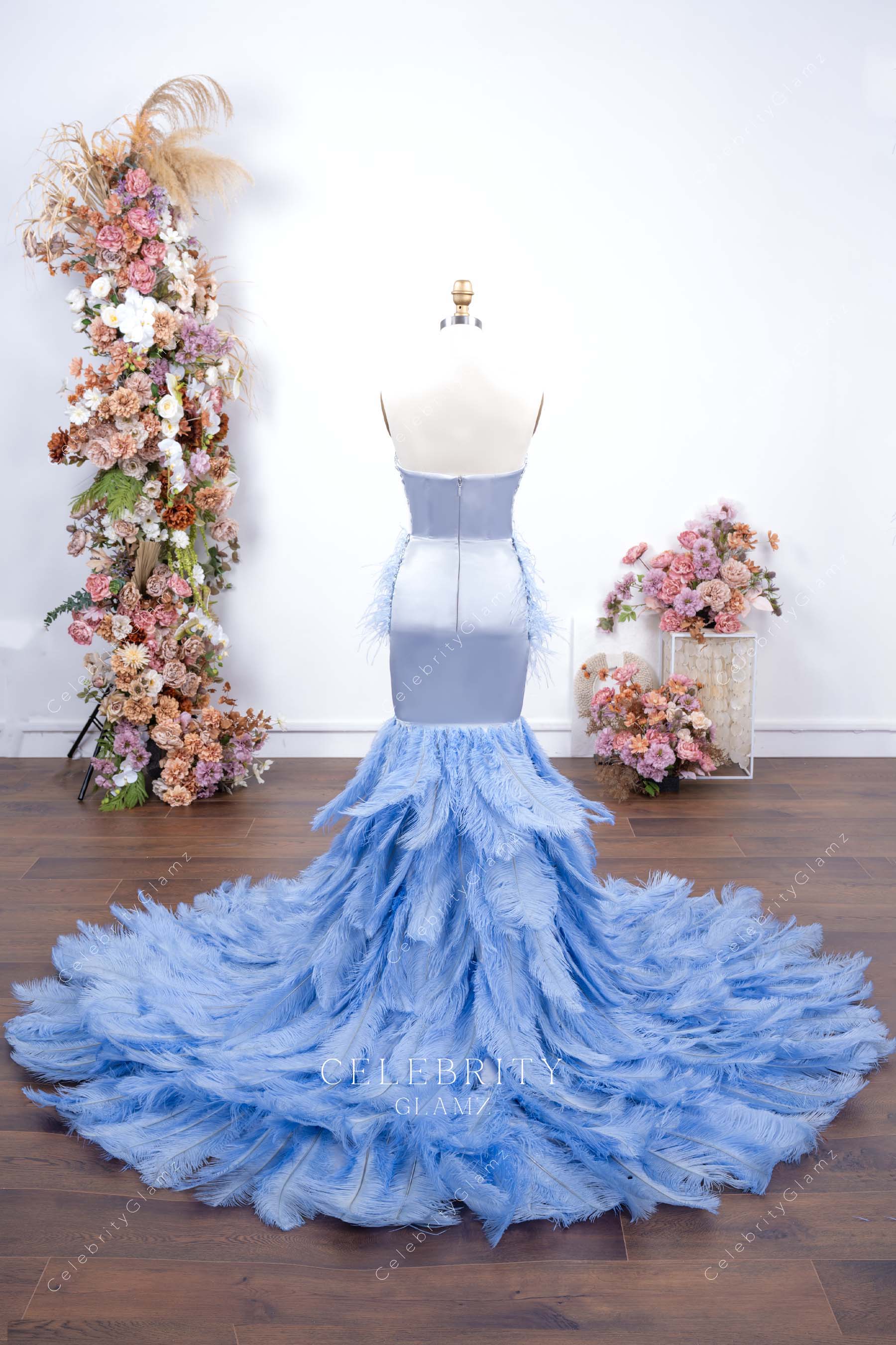 dusty blue feathered chapel train prom dress