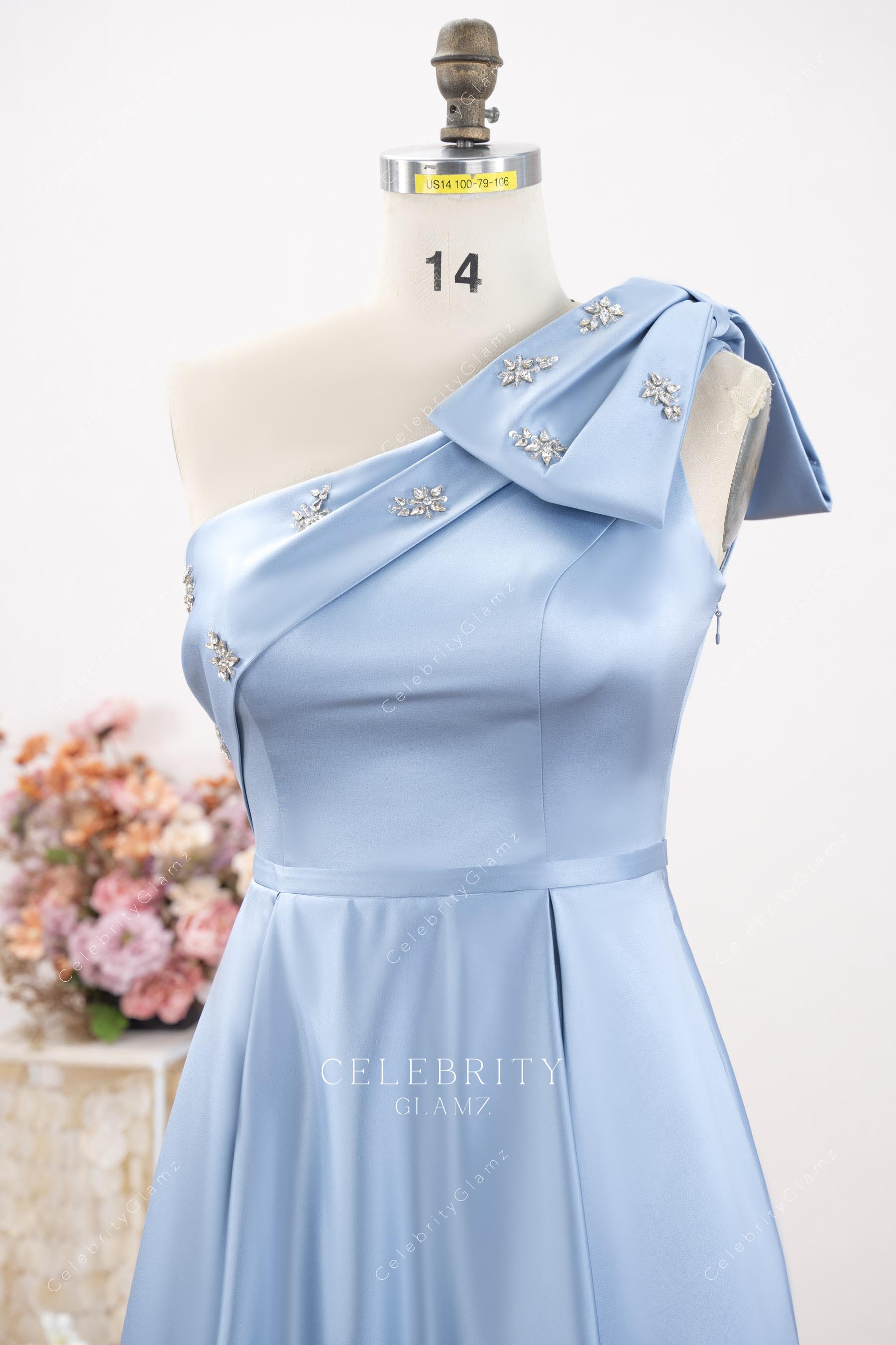 dusty blue large shoulder bow mother of bride dress