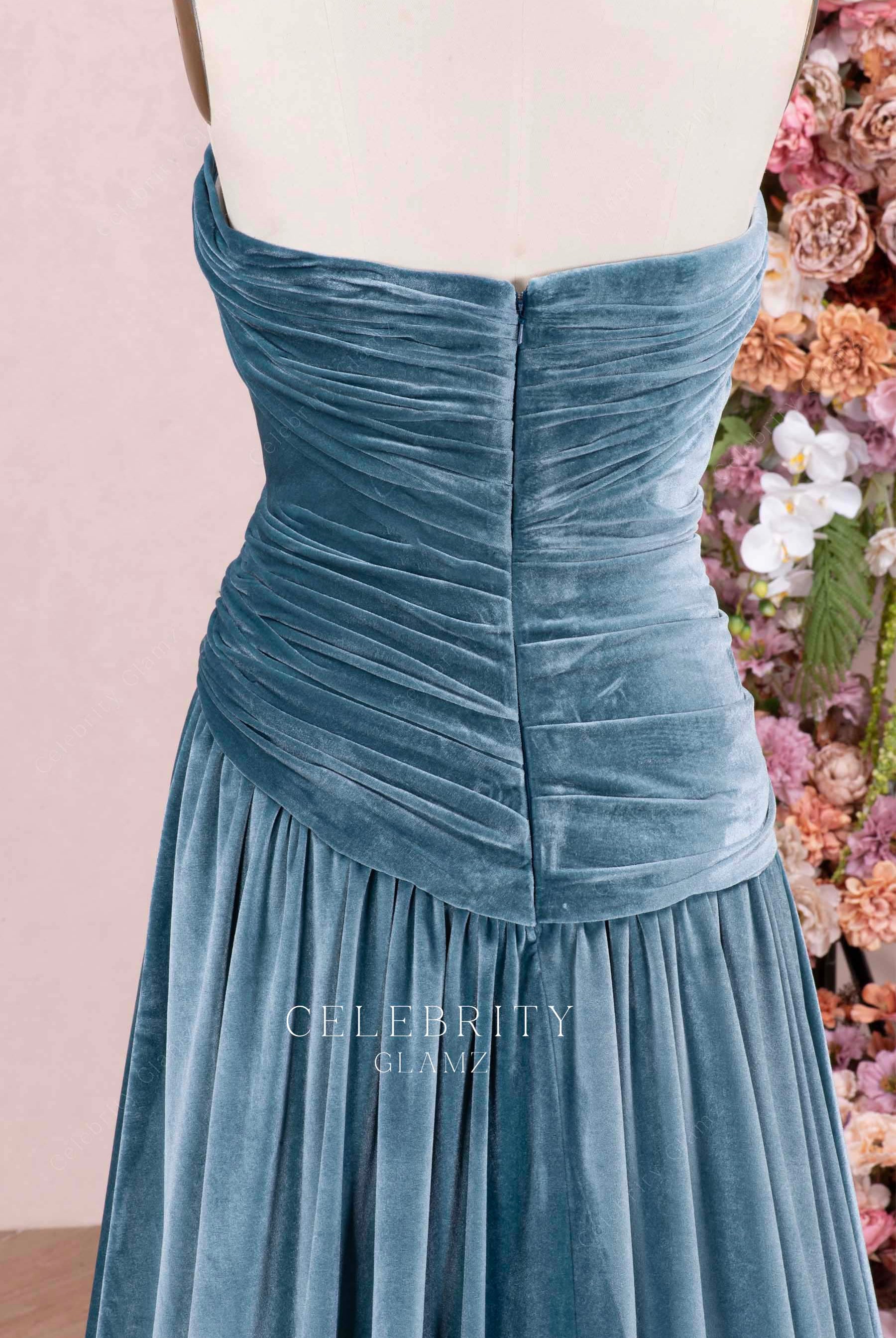 dusty blue open back formal dress