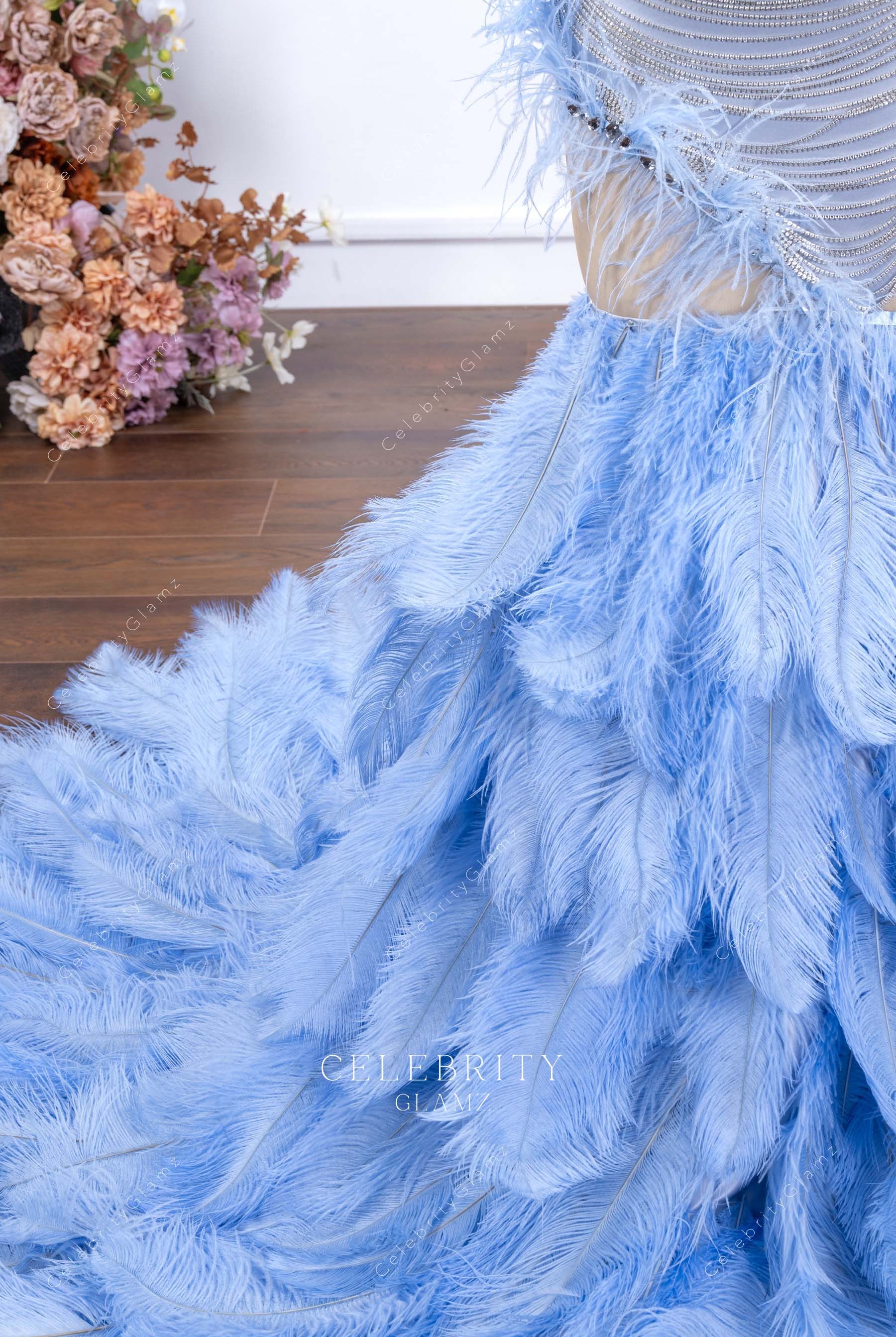 dusty blue ostrich feathers formal dress