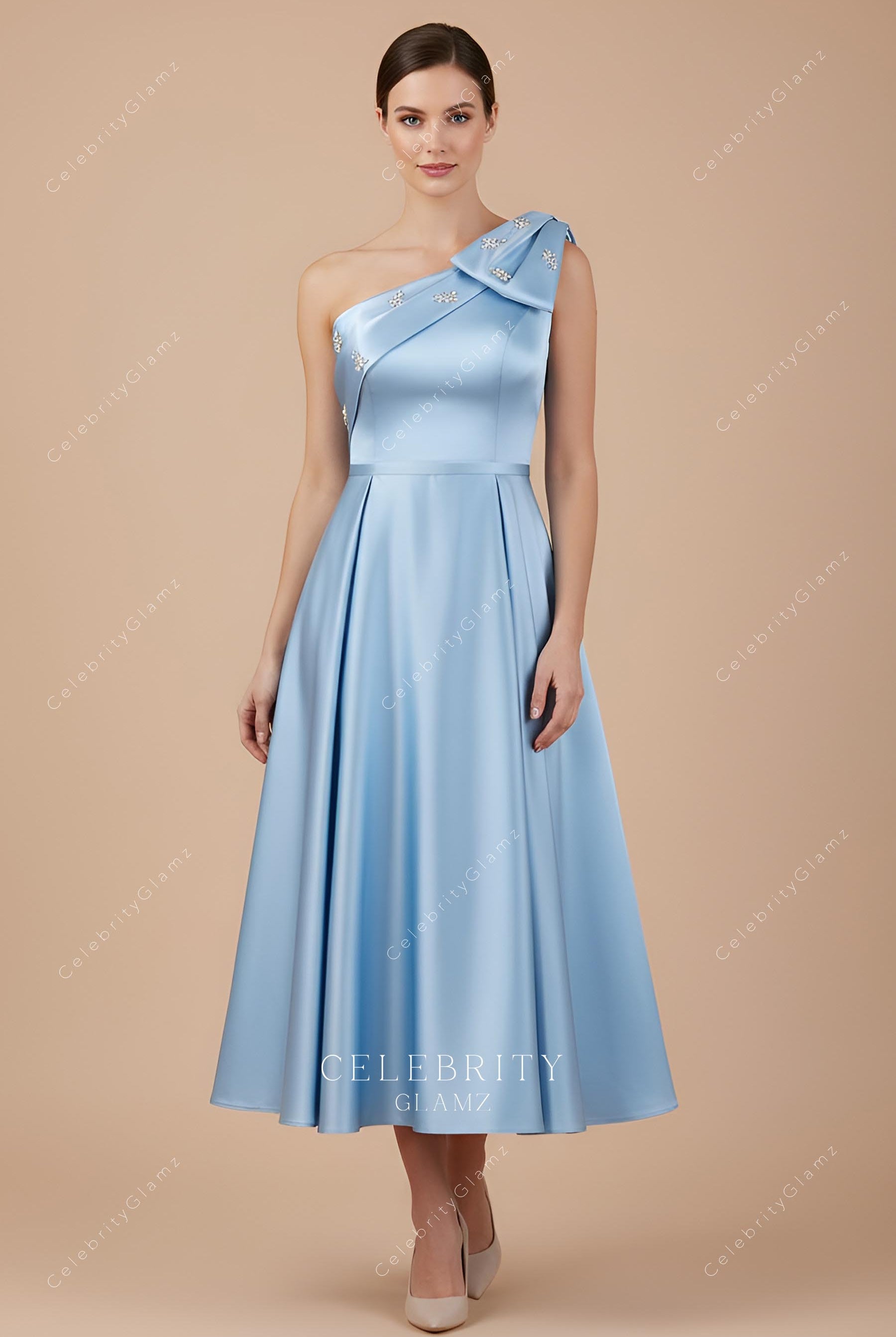 dusty blue satin formal gown