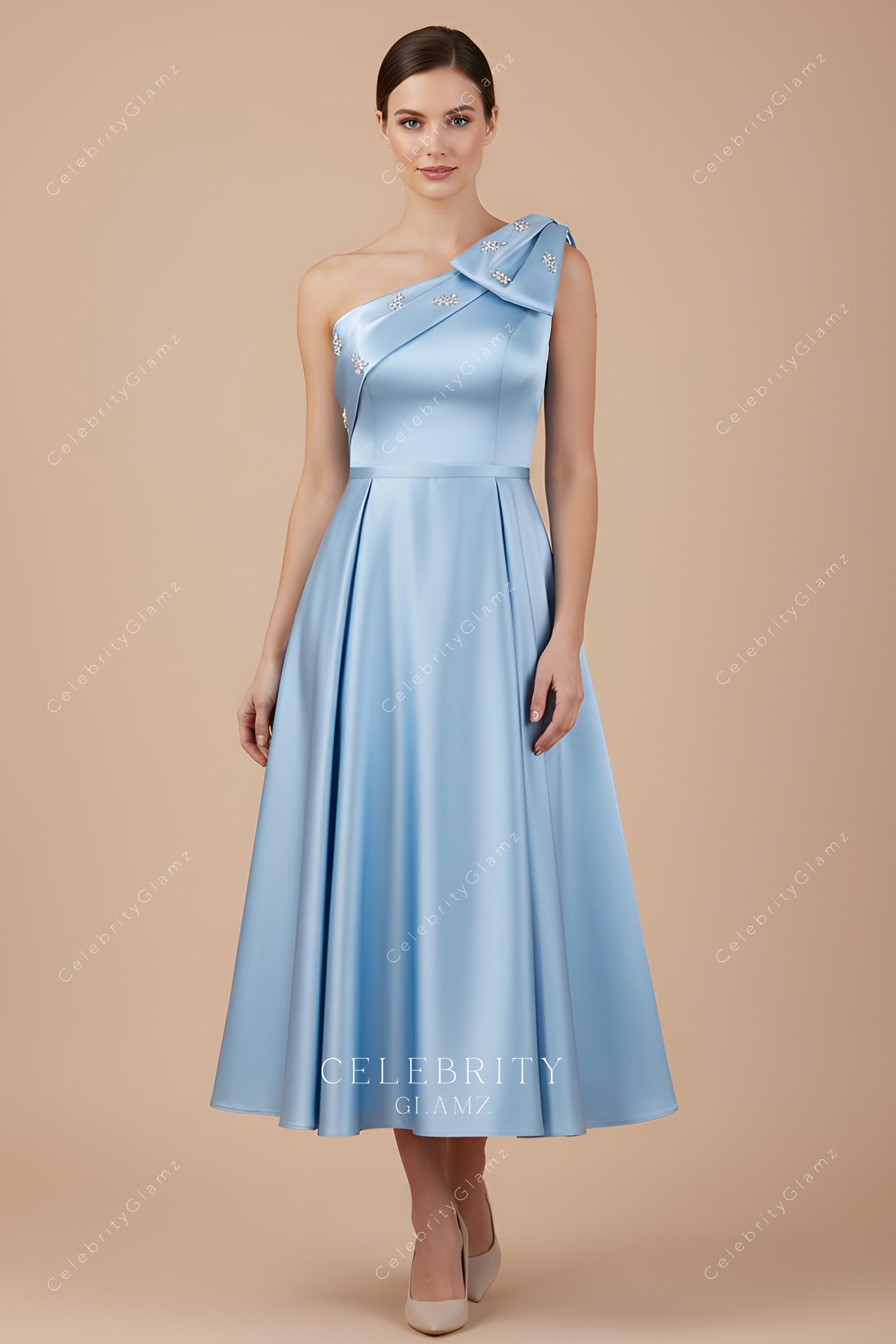 dusty blue satin formal gown