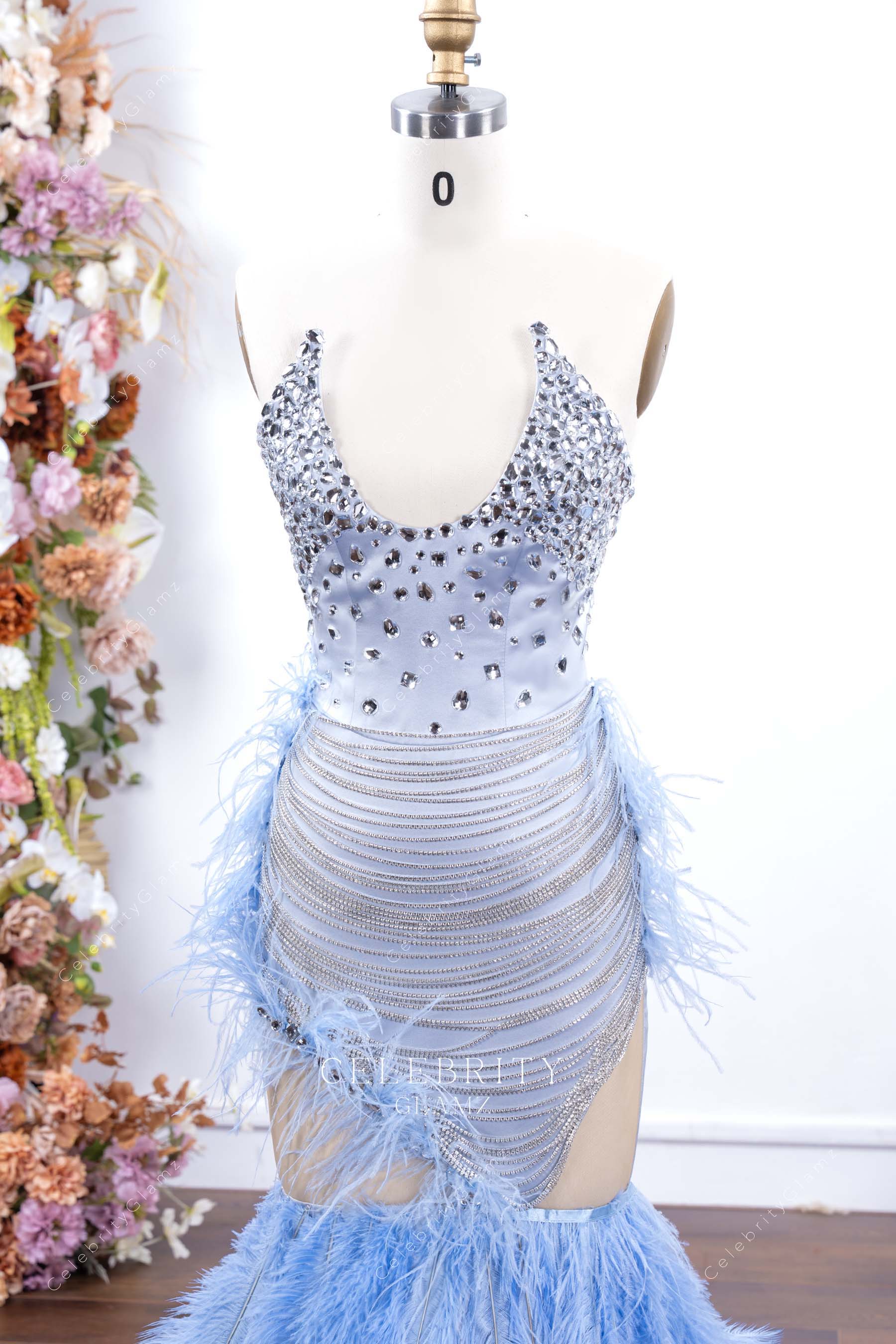 dusty blue strapless u neck prom dress