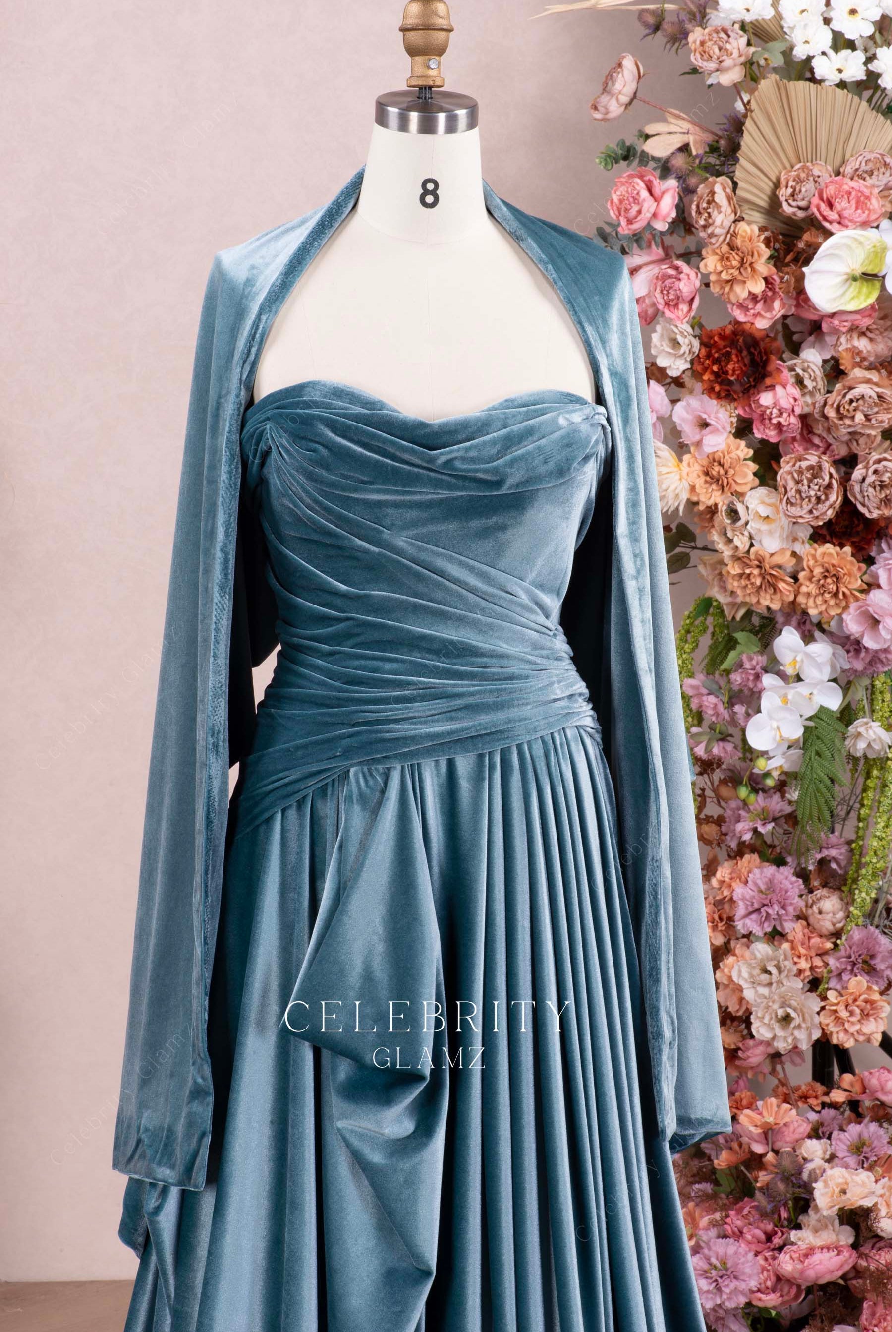 dusty blue sweetheart neck formal dress