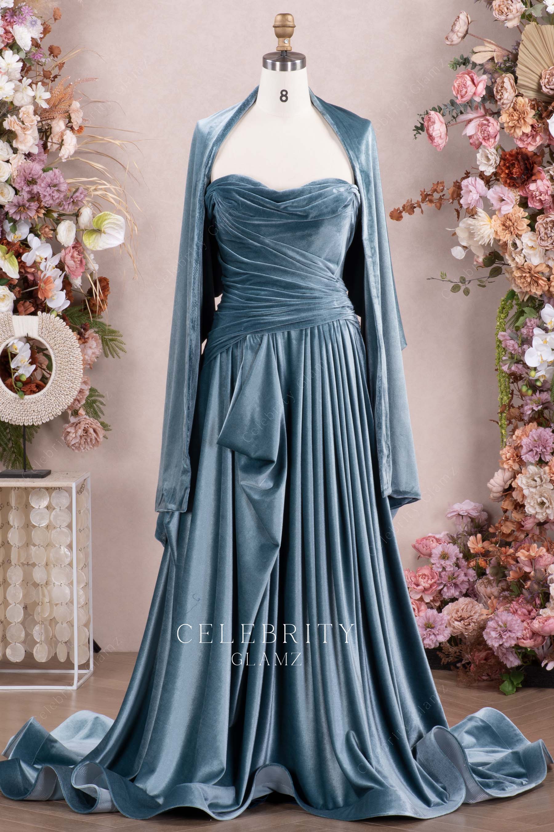 dusty blue velvet formal dress