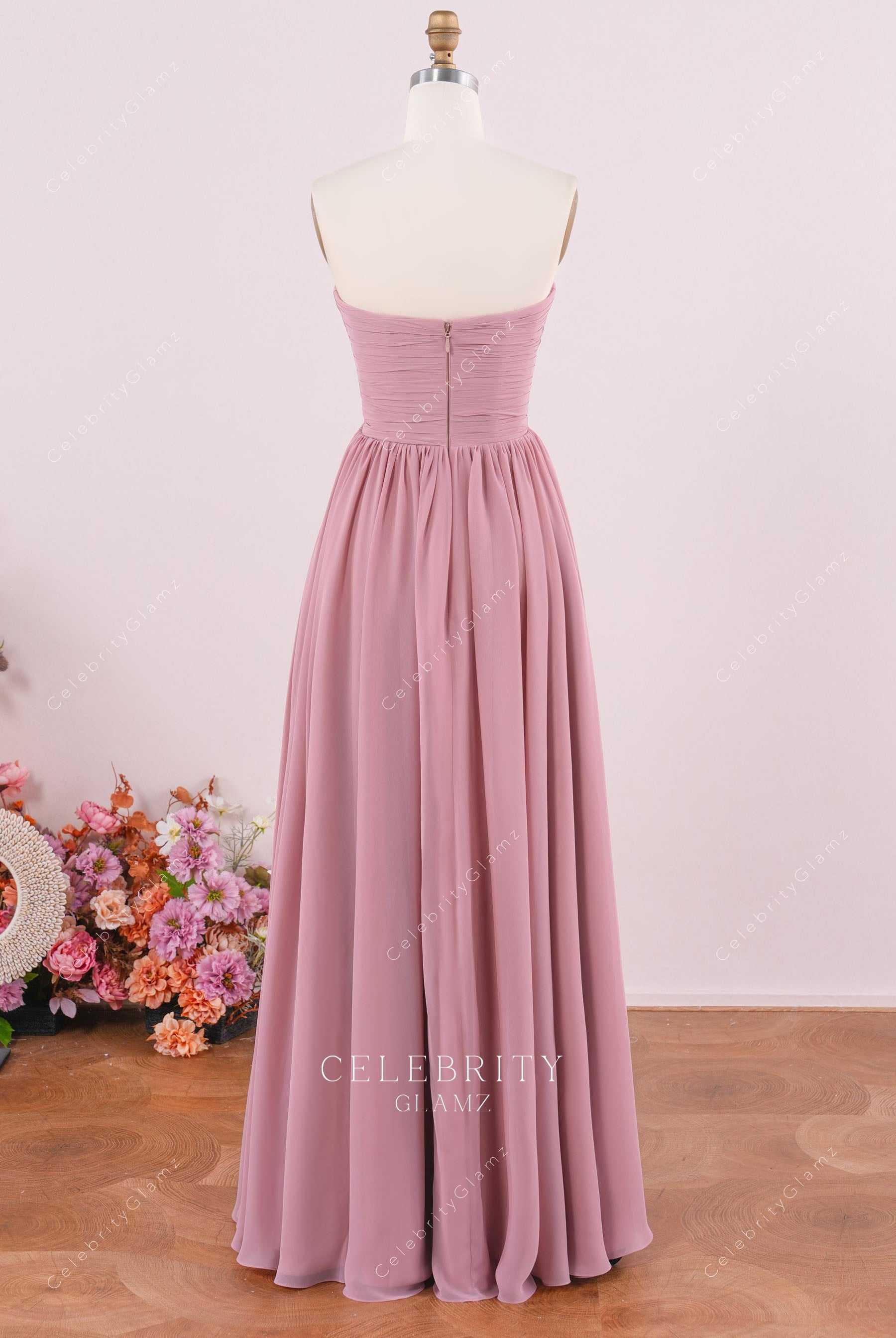 dusty pink chiffon floor length bridesmaid dress