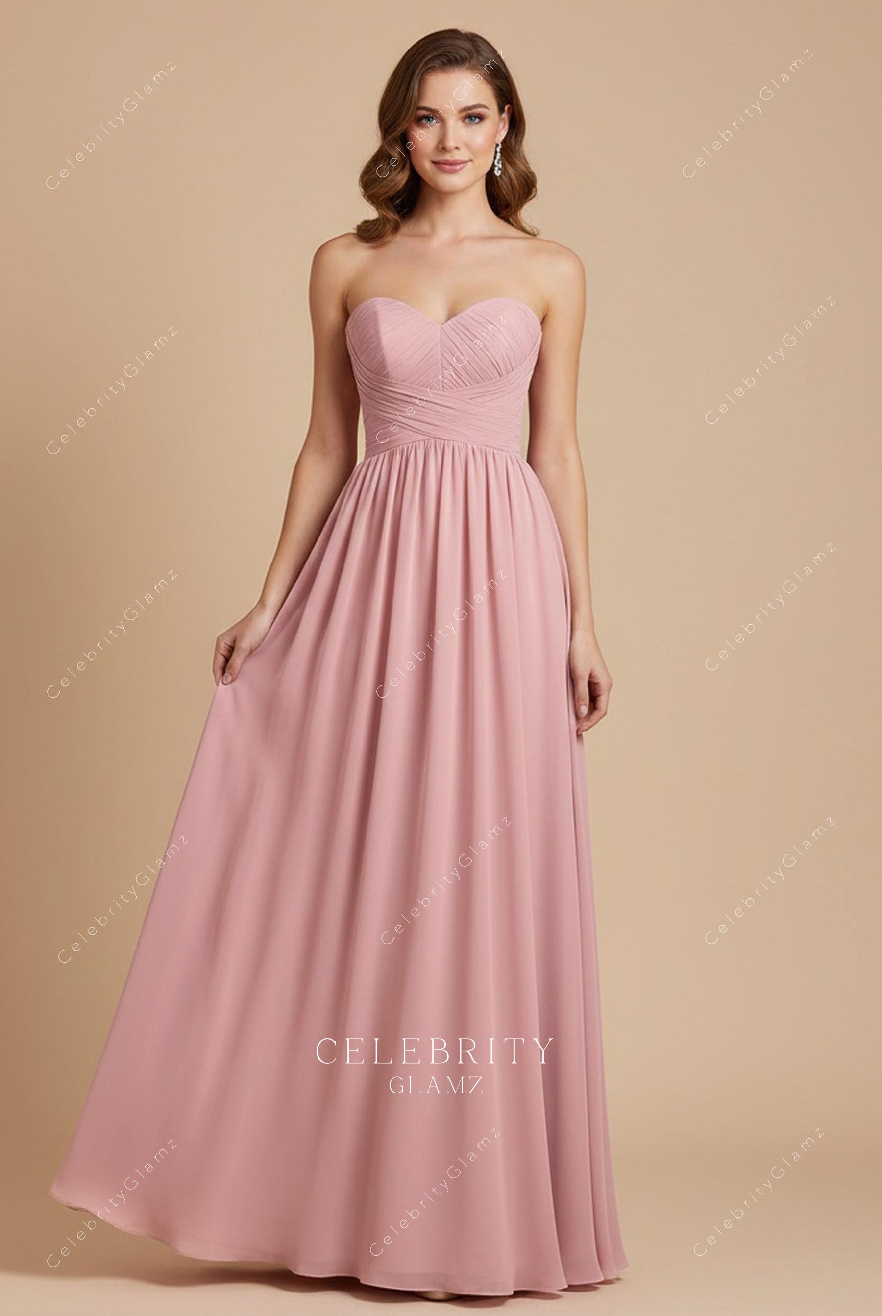 dusty pink chiffon strapless bridesmaid dress