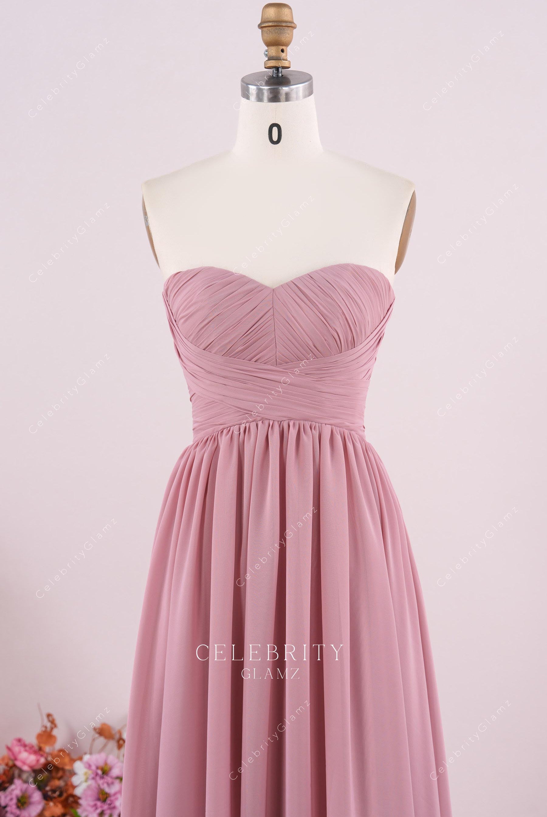dusty pink pleated corset bridesmaid dress
